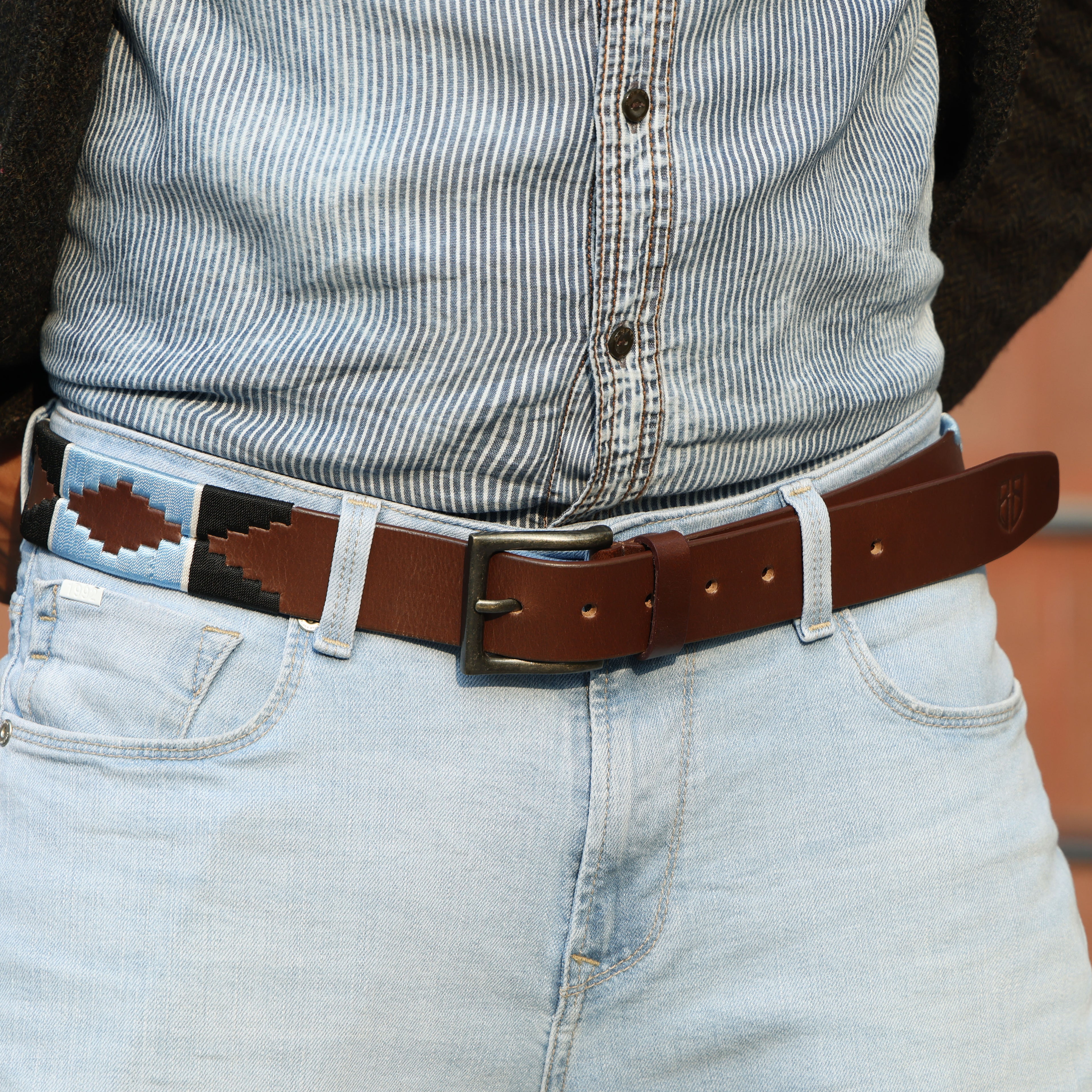 Brown Polo Leather Belt with Blue and Black Stitching & Antique Buckle