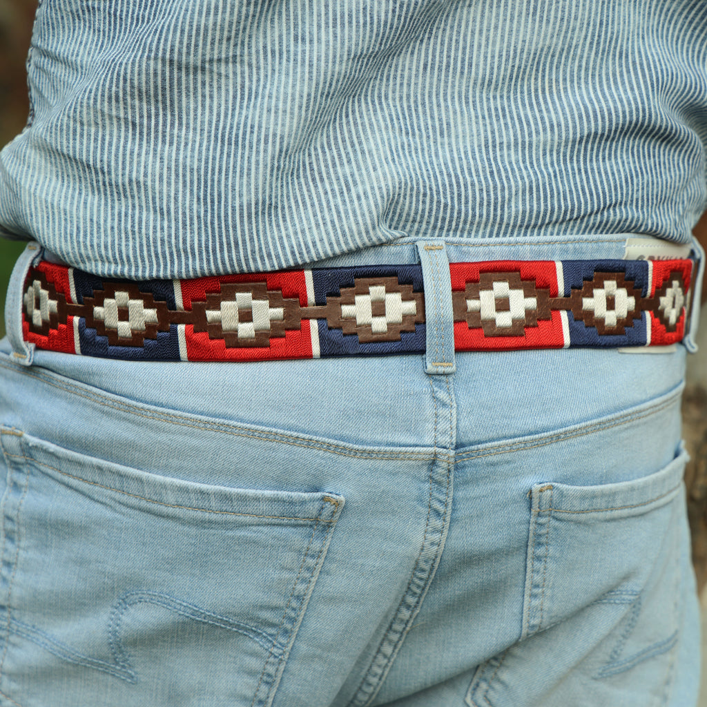 Hand-Embroidered Polo Belt – Premium Full-Grain Leather with Navy, Red, and White embroidered