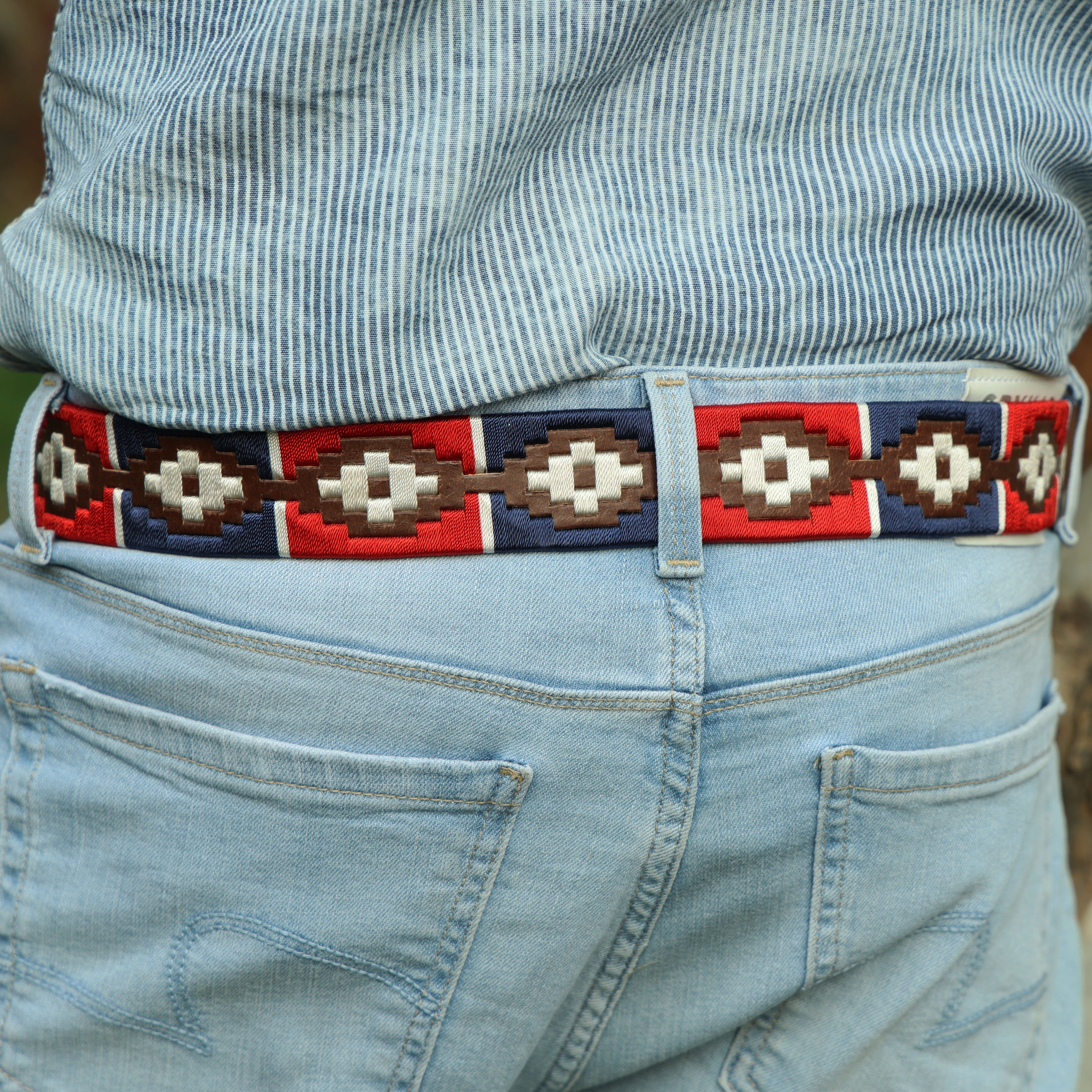 Hand-Embroidered Polo Belt – Premium Full-Grain Leather with Navy, Red, and White embroidered