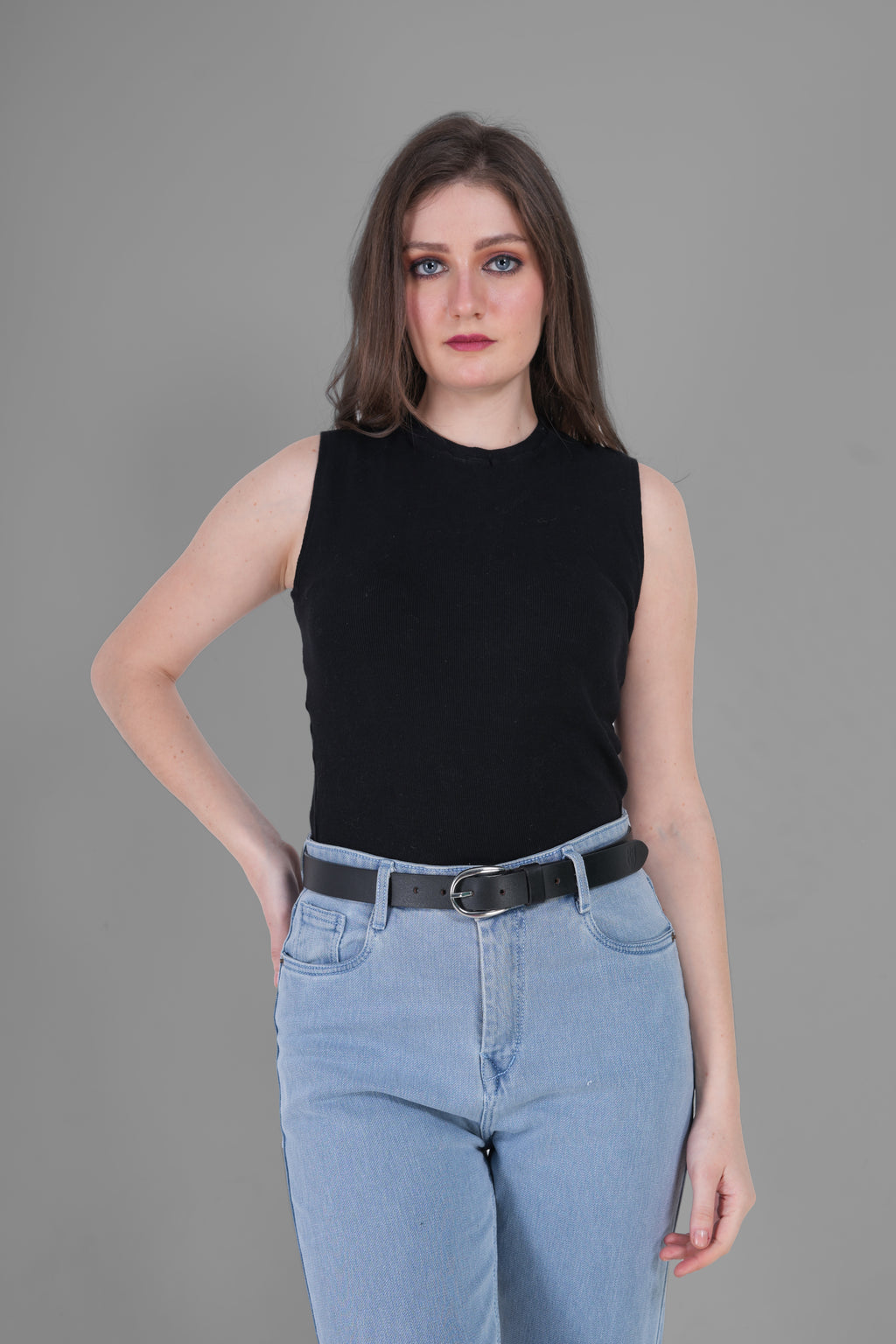 Black Leather Belt for Women with Silver Buckle