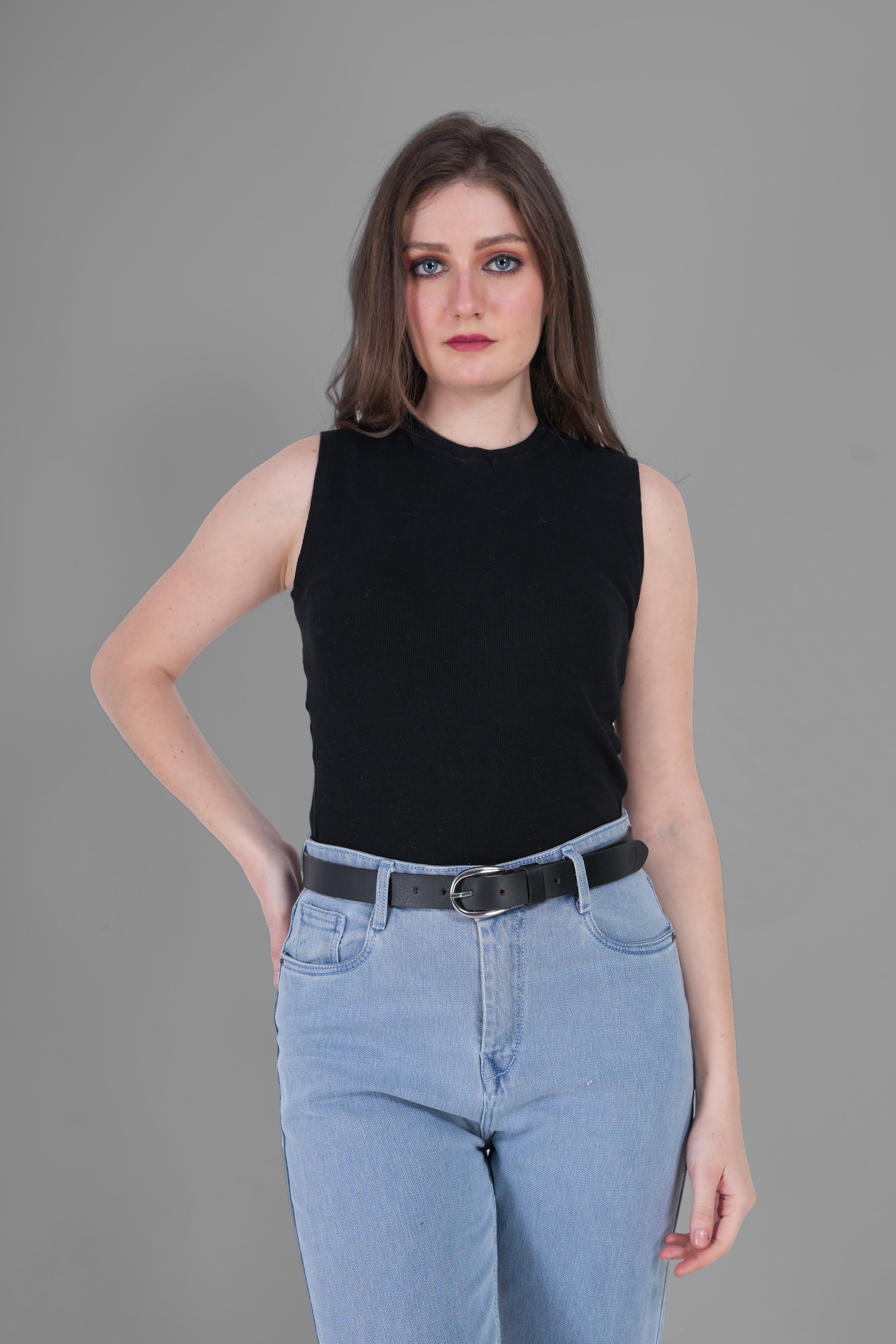 Black Leather Belt for Women with Silver Buckle