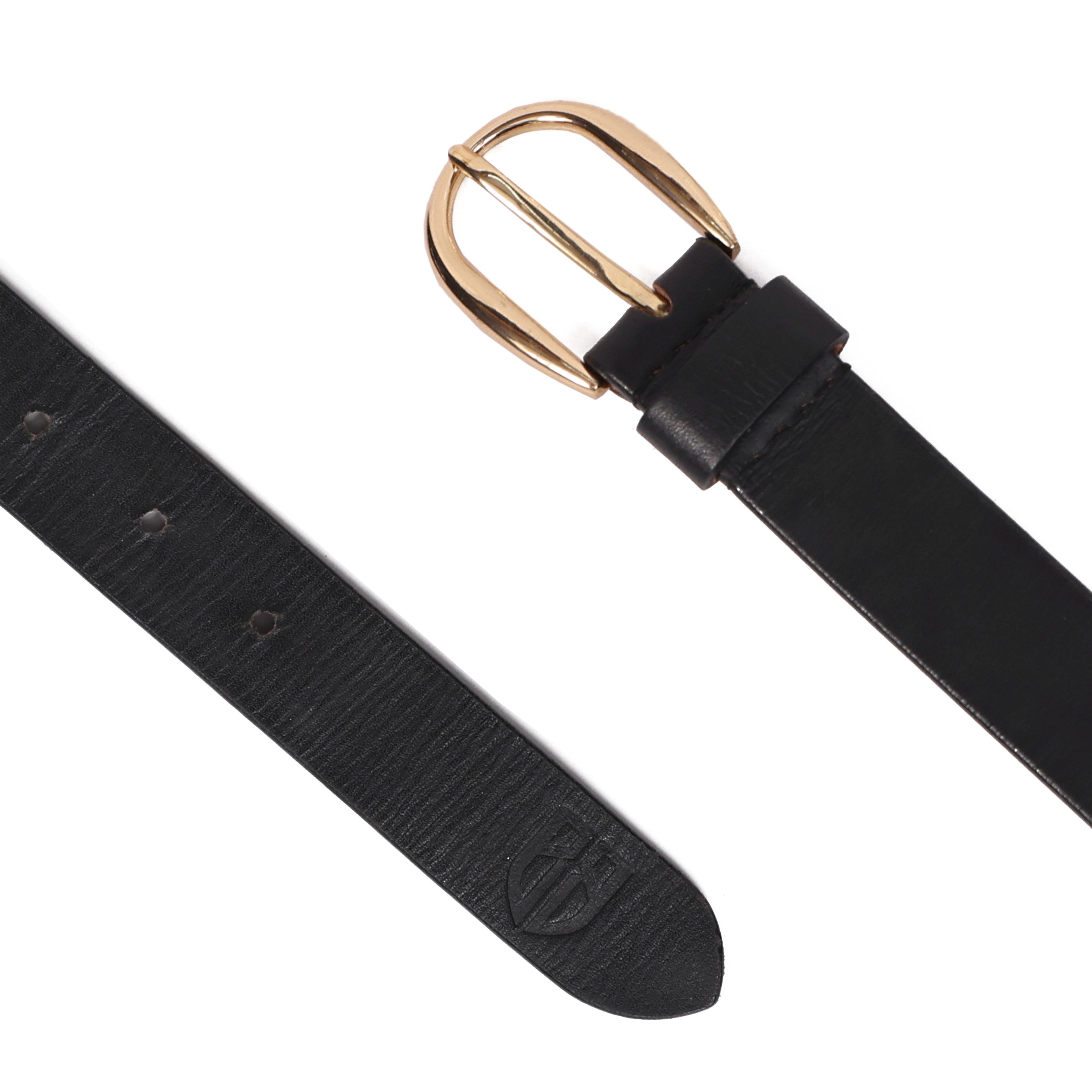 Black Leather Belt for Women with Golden Buckle