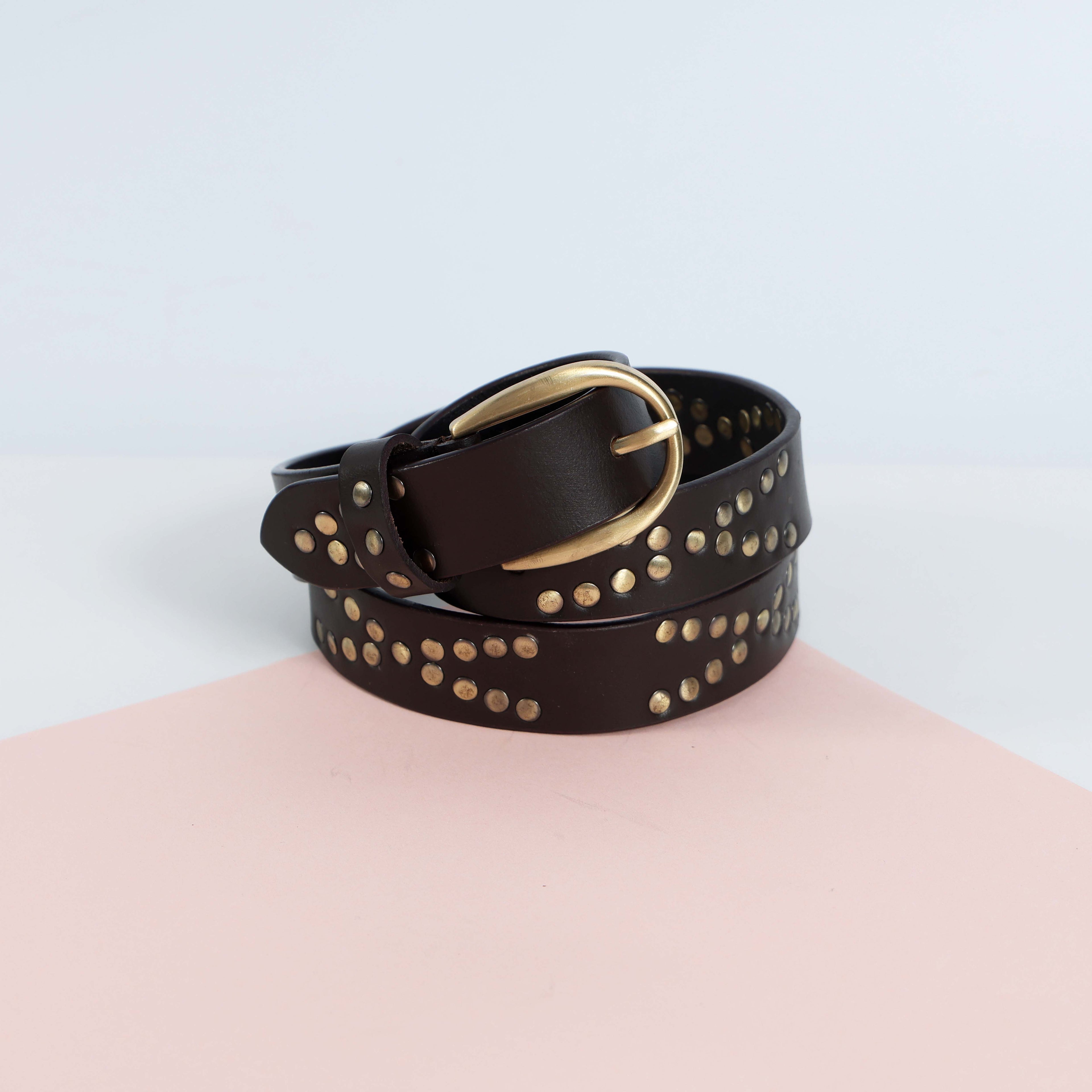 Women's Brown Studded Leather Belt – Vintage Brass Buckle, Boho Chic & Western Style