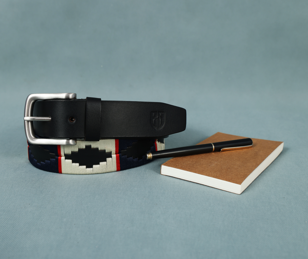 Black Polo Leather Belt with Blue, Red, and Cream Stitching & Silver Buckle