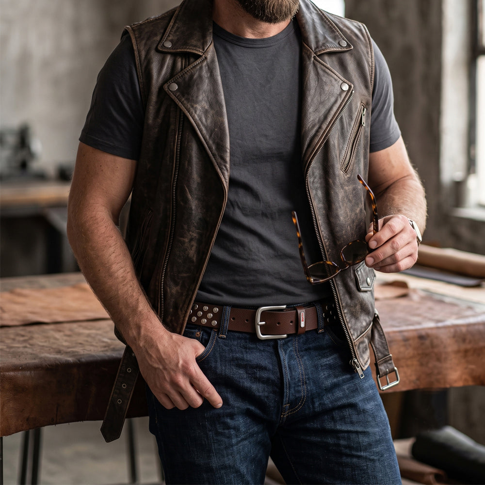 Berbanto Asphalt Full-Grain Studded Leather Belt