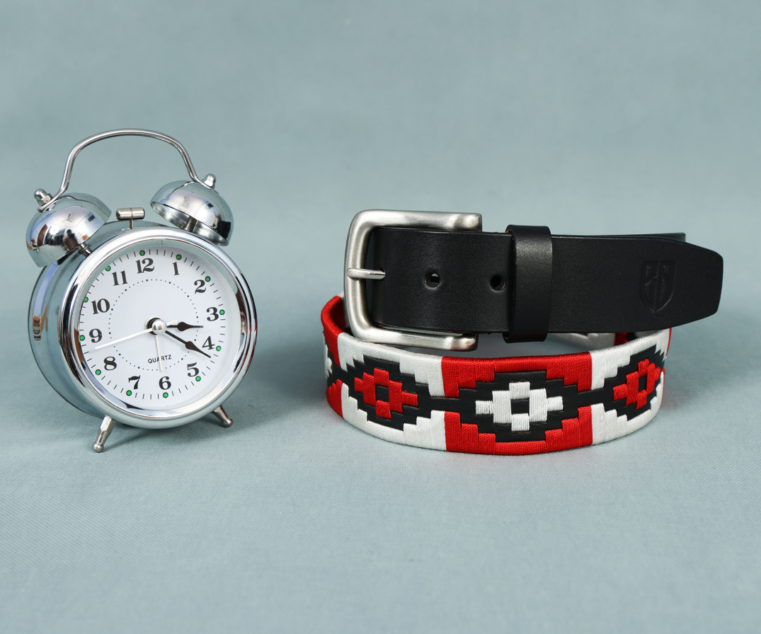 Black Polo Leather Belt with Red and White Stitching & Silver Buckle