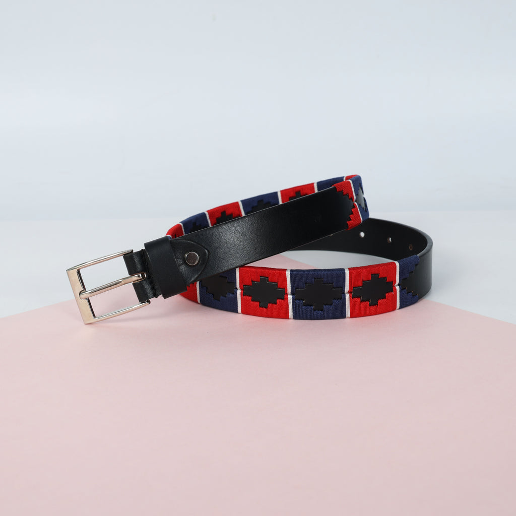 Kids Black Leather Polo Belt – Handcrafted with Red,Navy Blue with White border Embroidery | For Boys & Girls