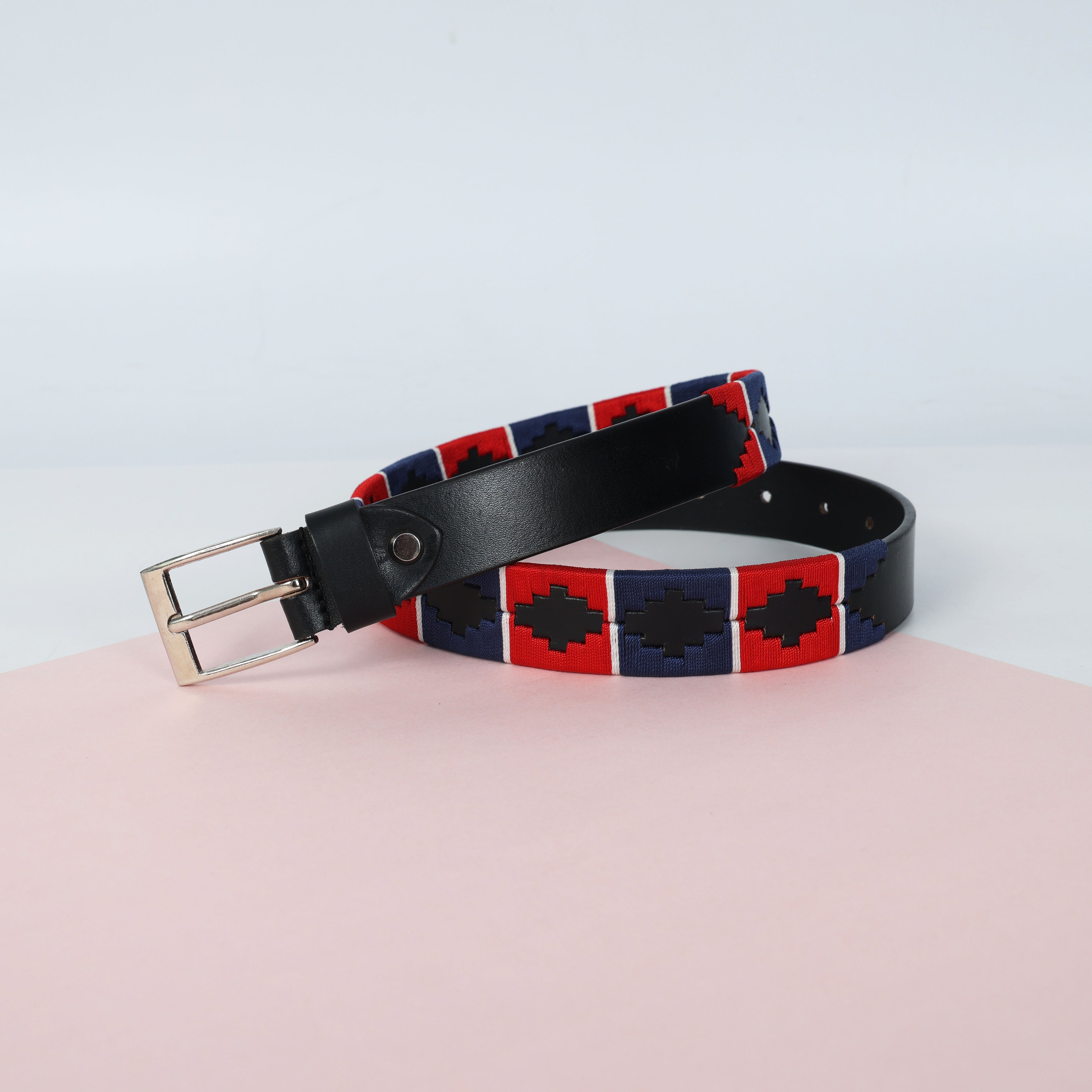 Kids Black Leather Polo Belt – Handcrafted with Red,Navy Blue with White border Embroidery | For Boys & Girls