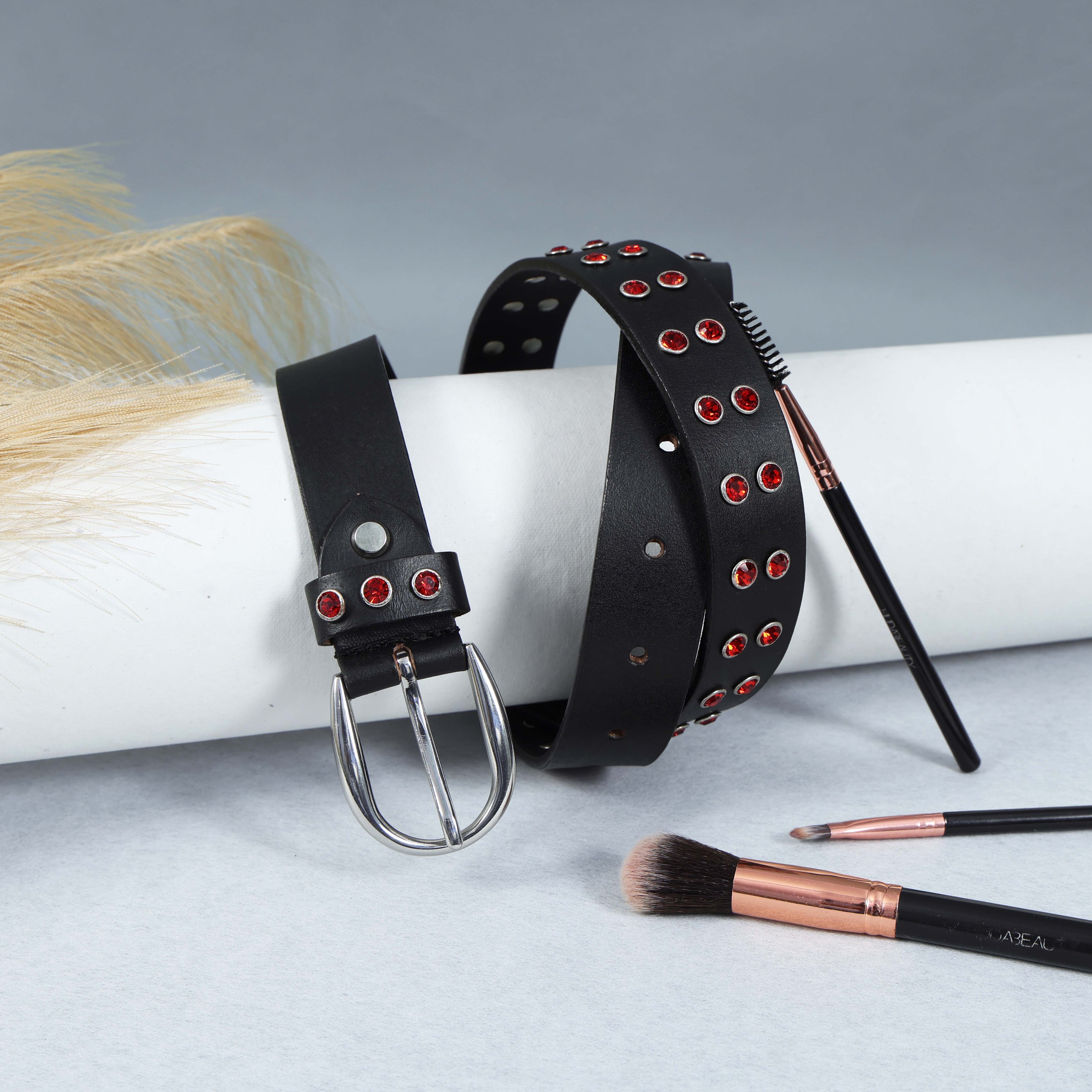 Black Studded Leather Belt for Women – Fashion Rhinestone Punk Rock Belt with Silver Buckle