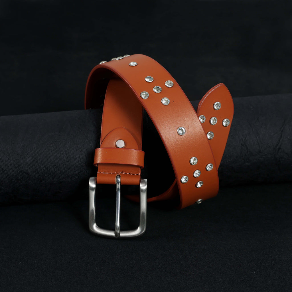 Mens’s Tan Leather Studded Belt – Crystal Rhinestones & Silver Buckle