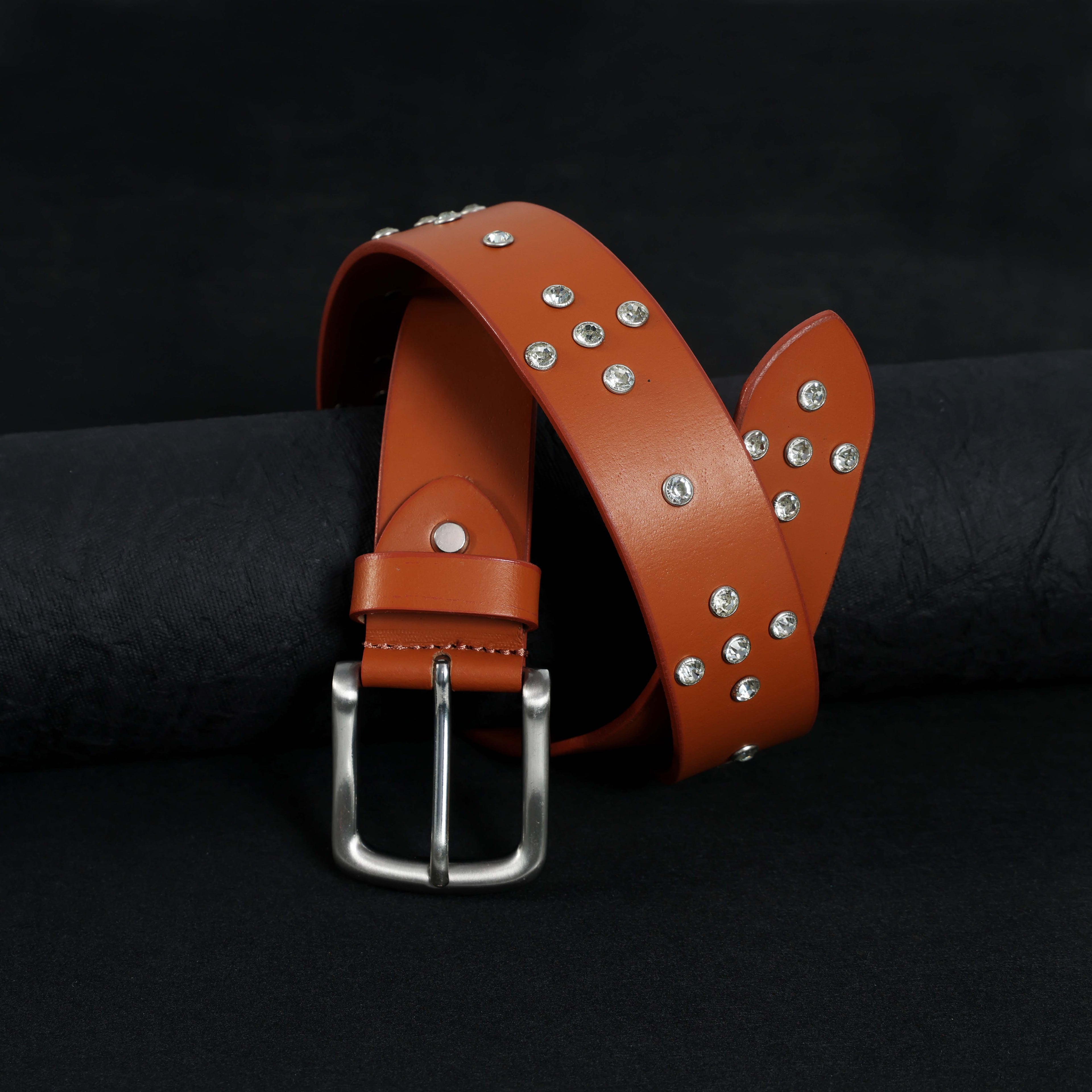 Mens’s Tan Leather Studded Belt – Crystal Rhinestones & Silver Buckle