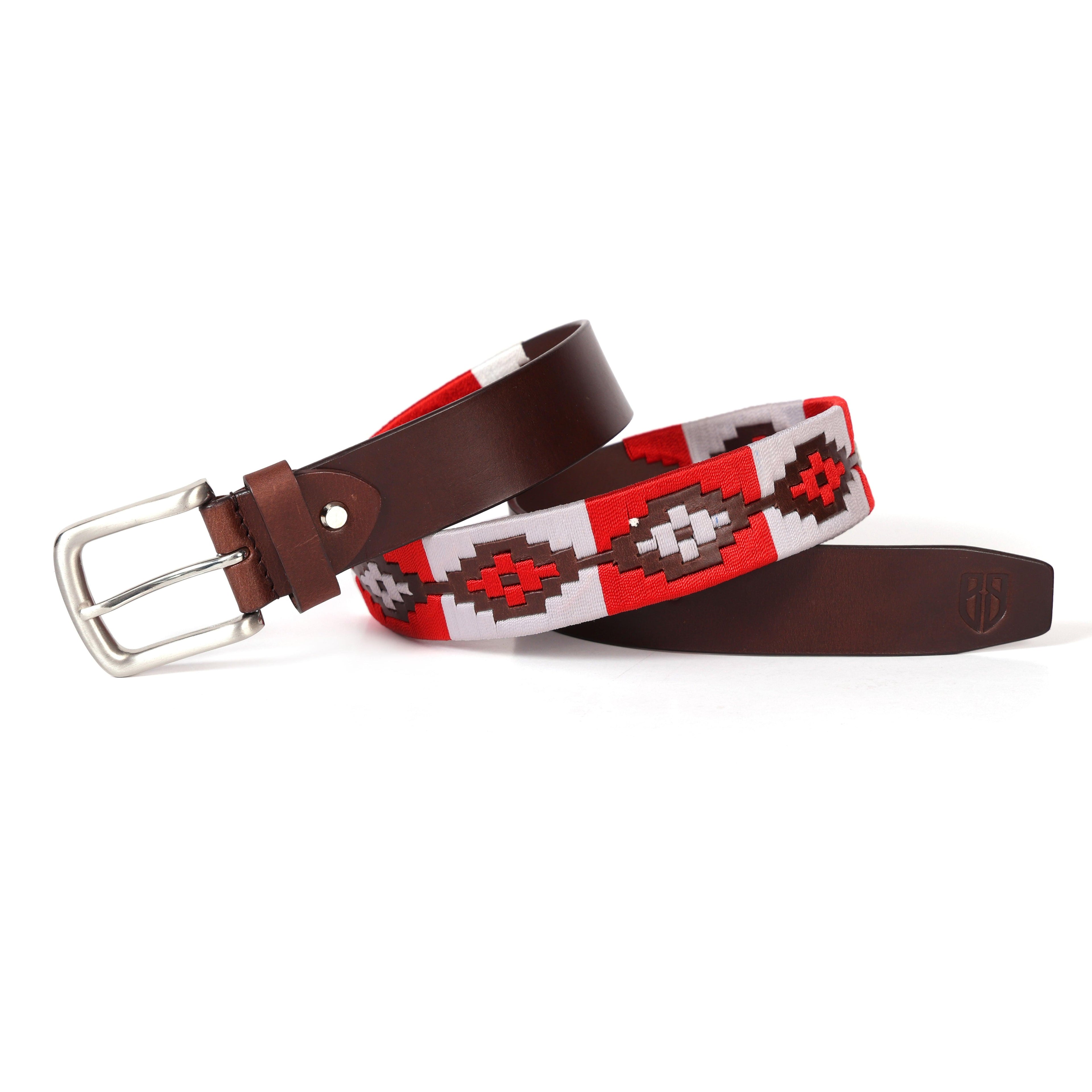 Brown Polo Leather Belt with Red and White Stitching & Silver Buckle