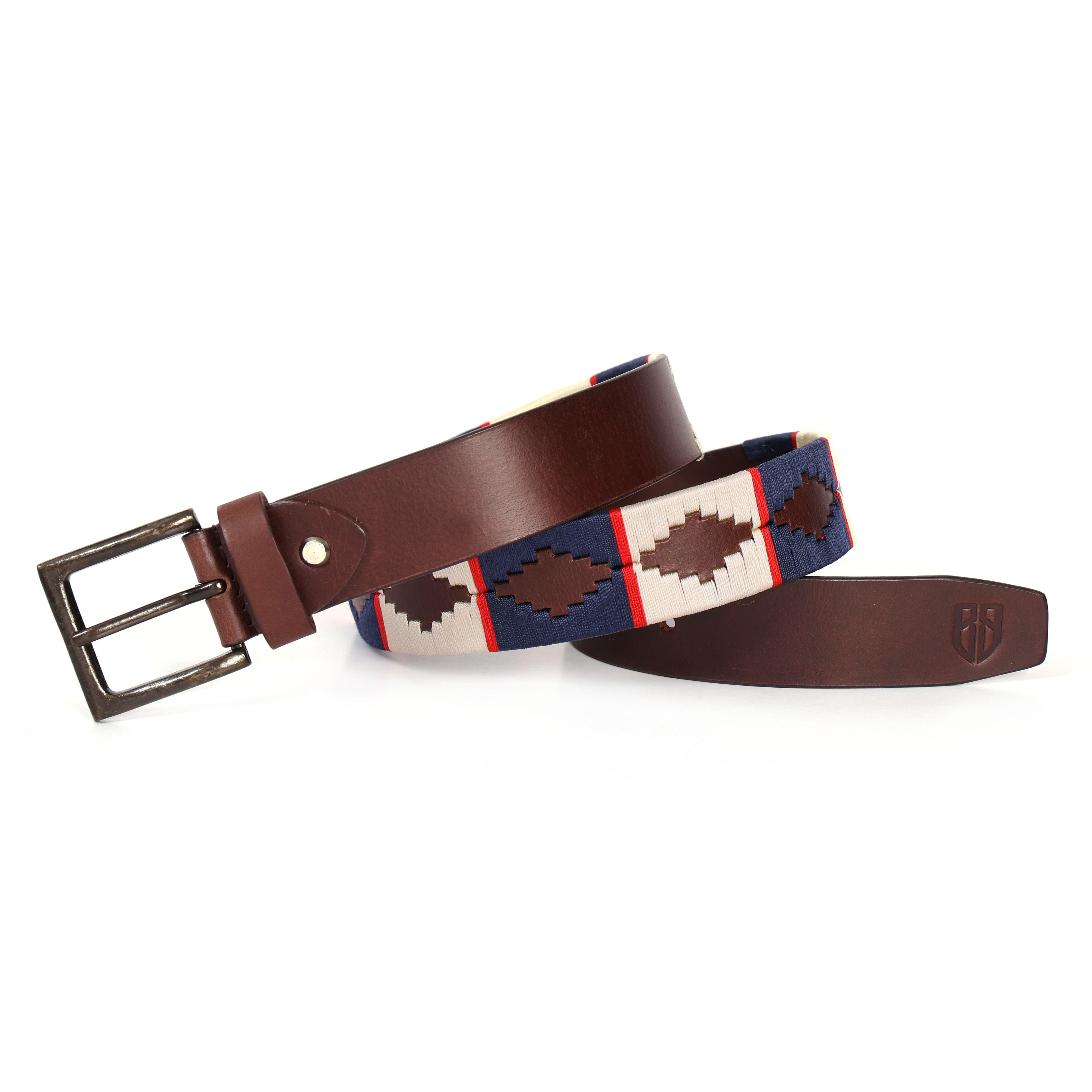 Brown Polo Leather Belt with Cream, Blue, and Red Stitching & Classic Antique Buckle