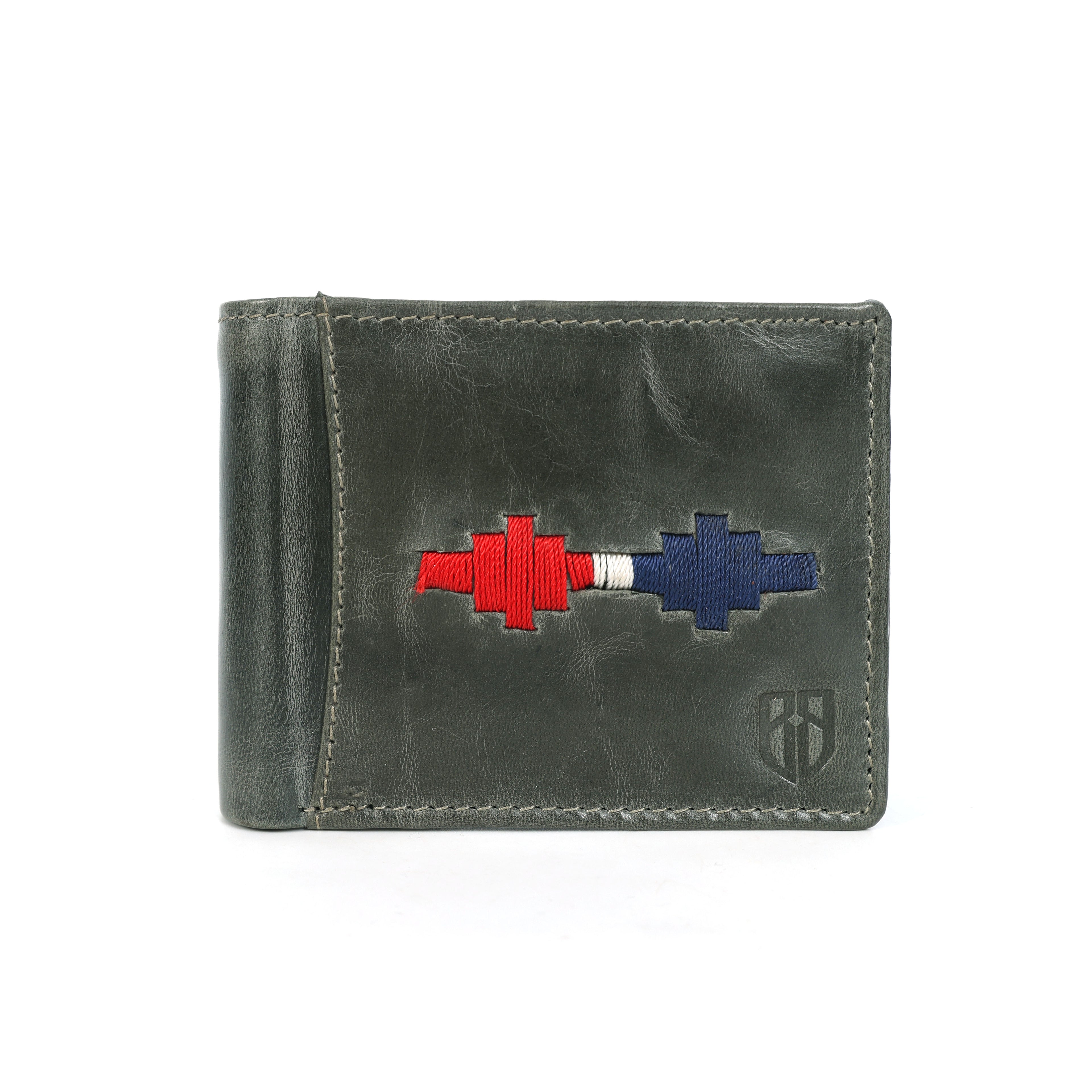 Handmade Leather Gaucho (Polo) Wallet – Vintage Olive Green Bifold with Red & Blue Argentine Embroidery