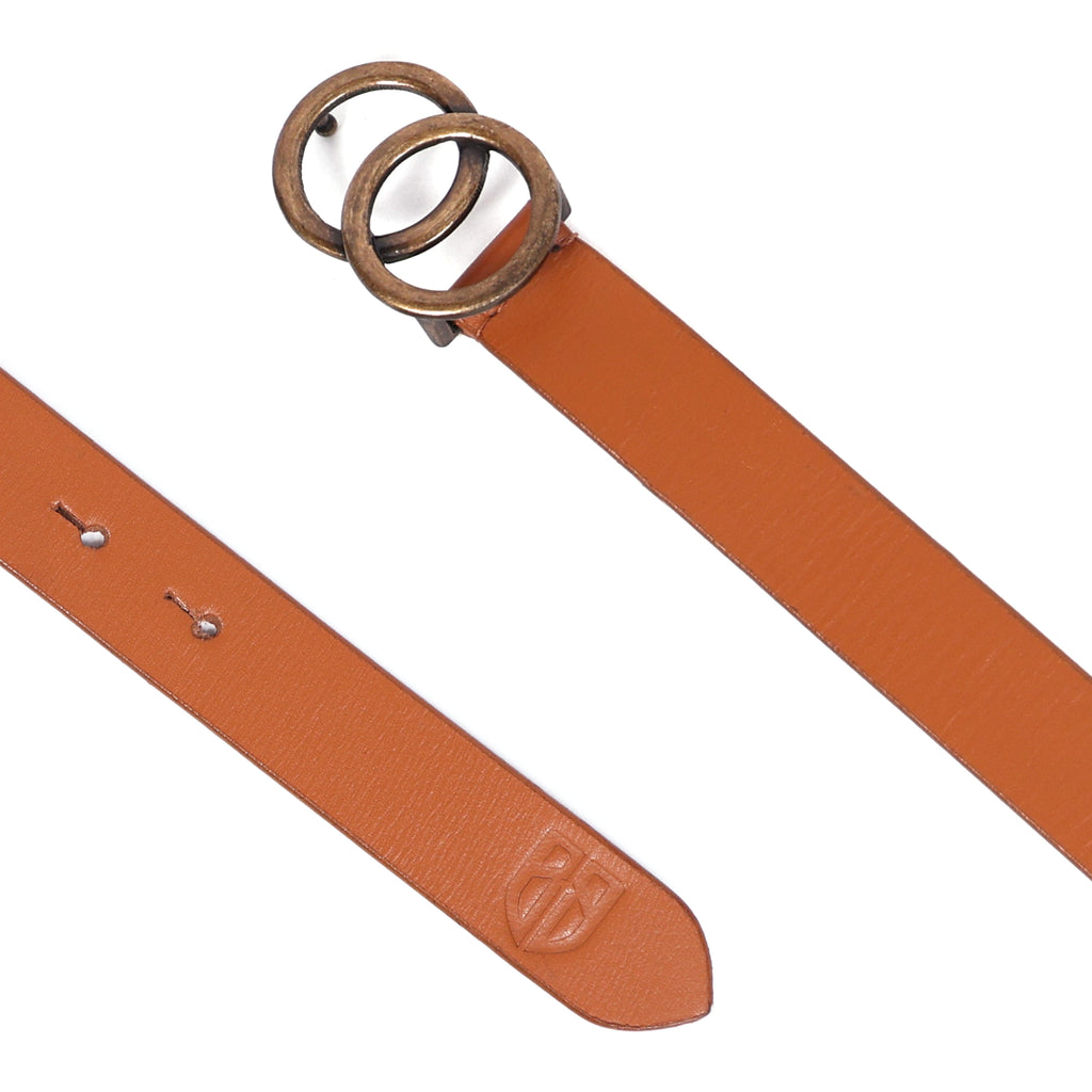 Tan Leather Belt for Women with Double Ring Antique Golden Buckle