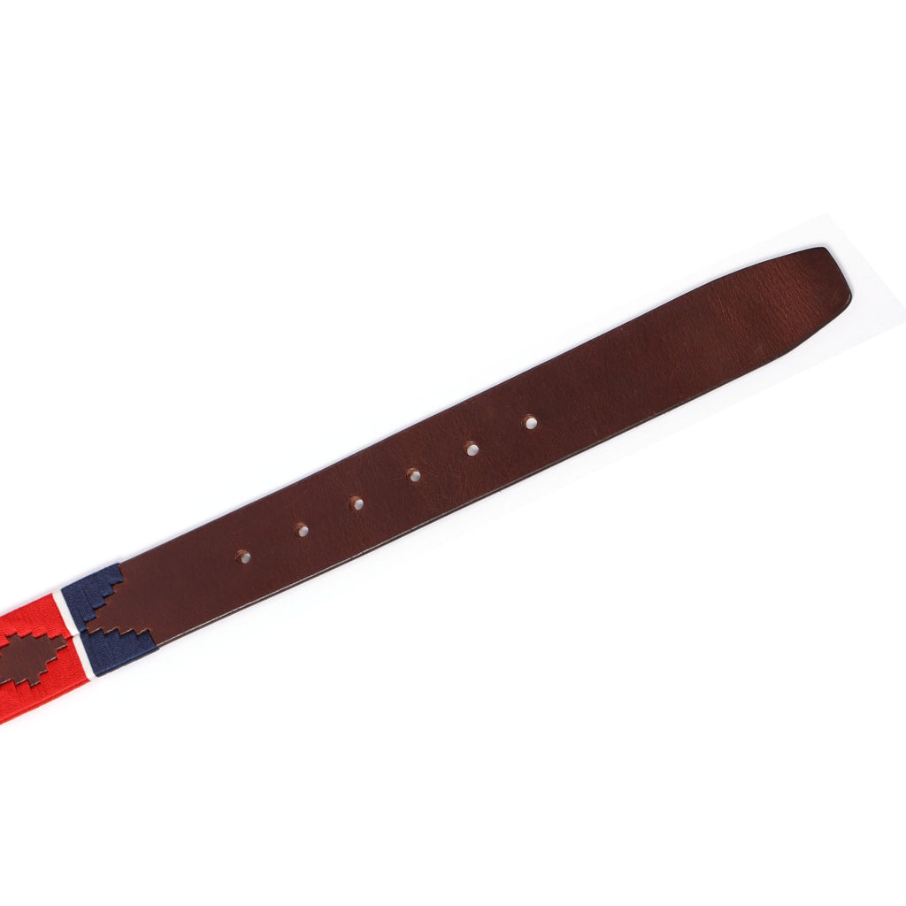 Brown Polo Leather Belt with Red and Blue Stitching and Classic Silver Buckle