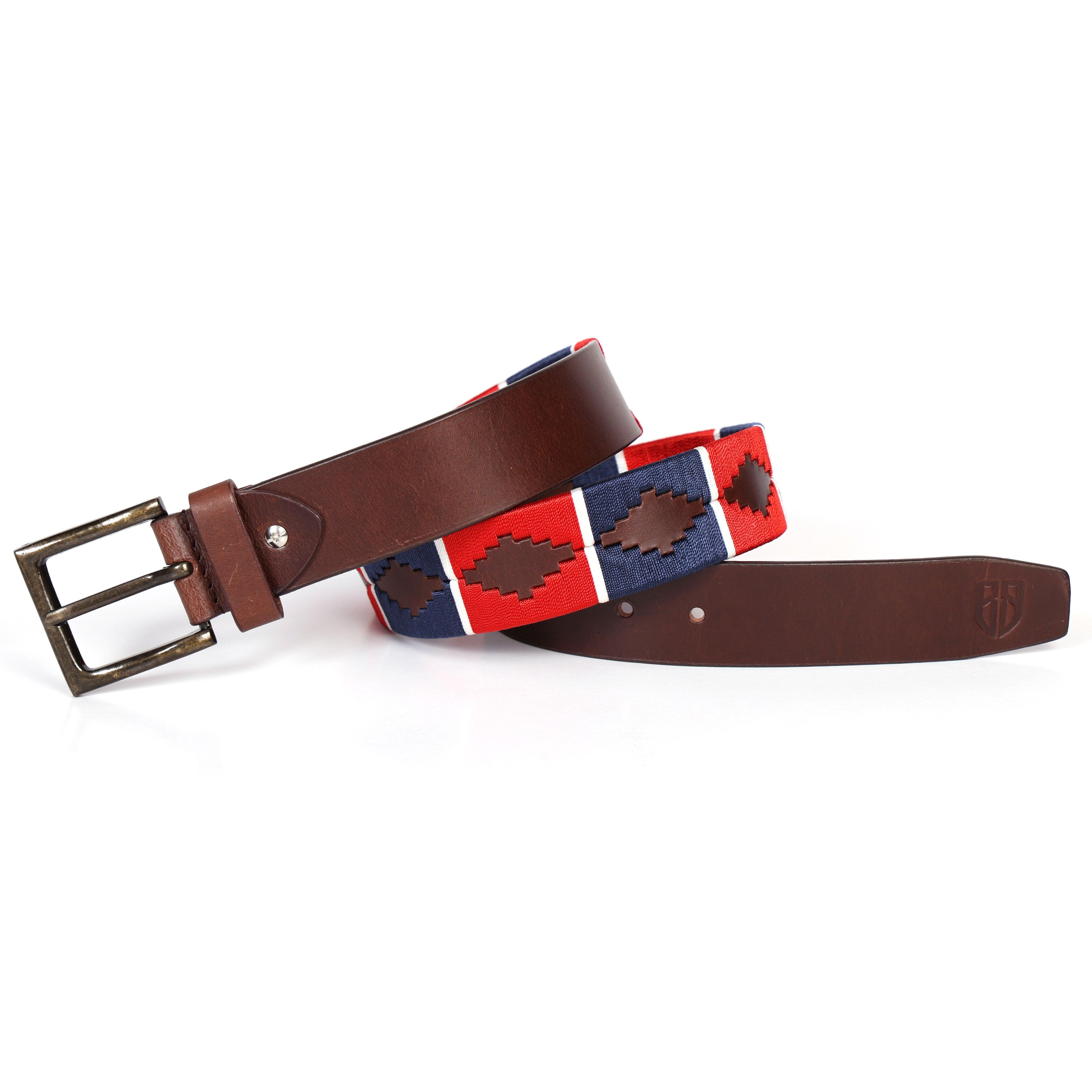 Brown Polo Leather Belt with Red and Blue Stitching and Antique Buckle
