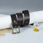 Men’s Brown Leather Belt with Antique Brass Buckle & Metal Studs – Premium Designer Rock Style Belt
