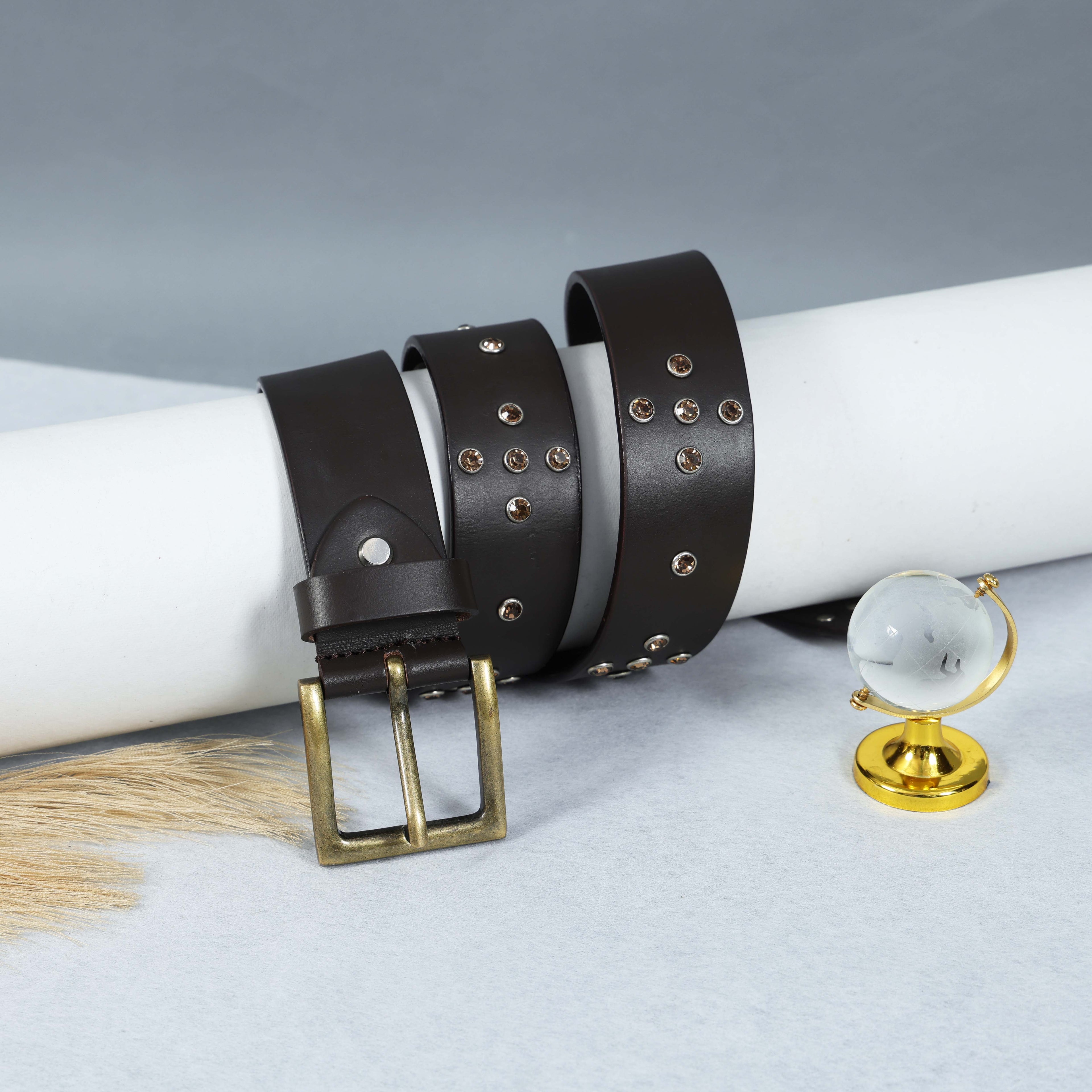 Men’s Brown Leather Belt with Antique Brass Buckle & Metal Studs – Premium Designer Rock Style Belt