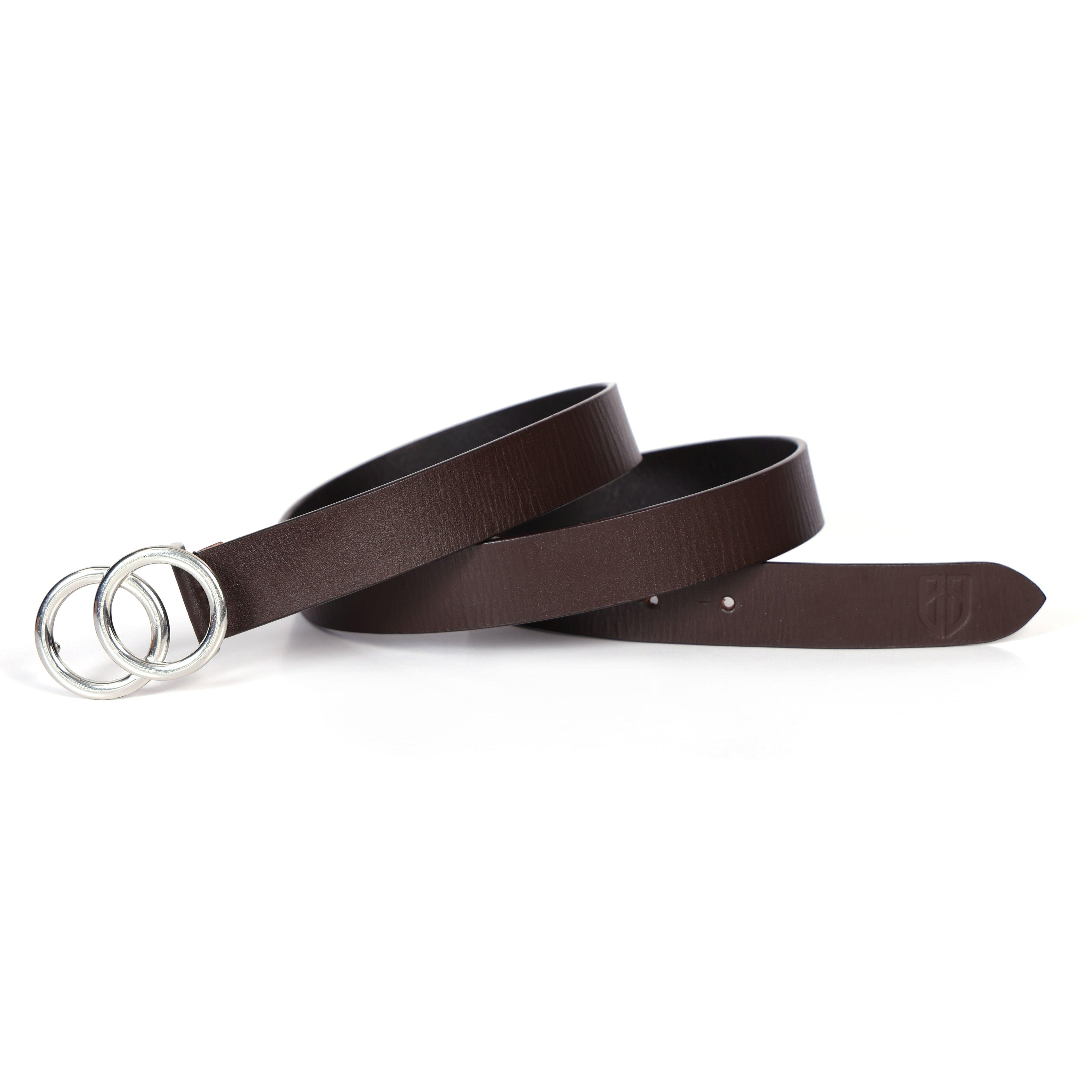 Brown Leather Belt for Women with Silver Round Buckle