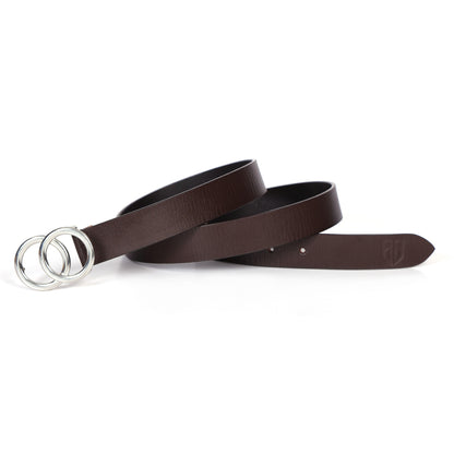 Brown Leather Belt for Women with Silver Round Buckle
