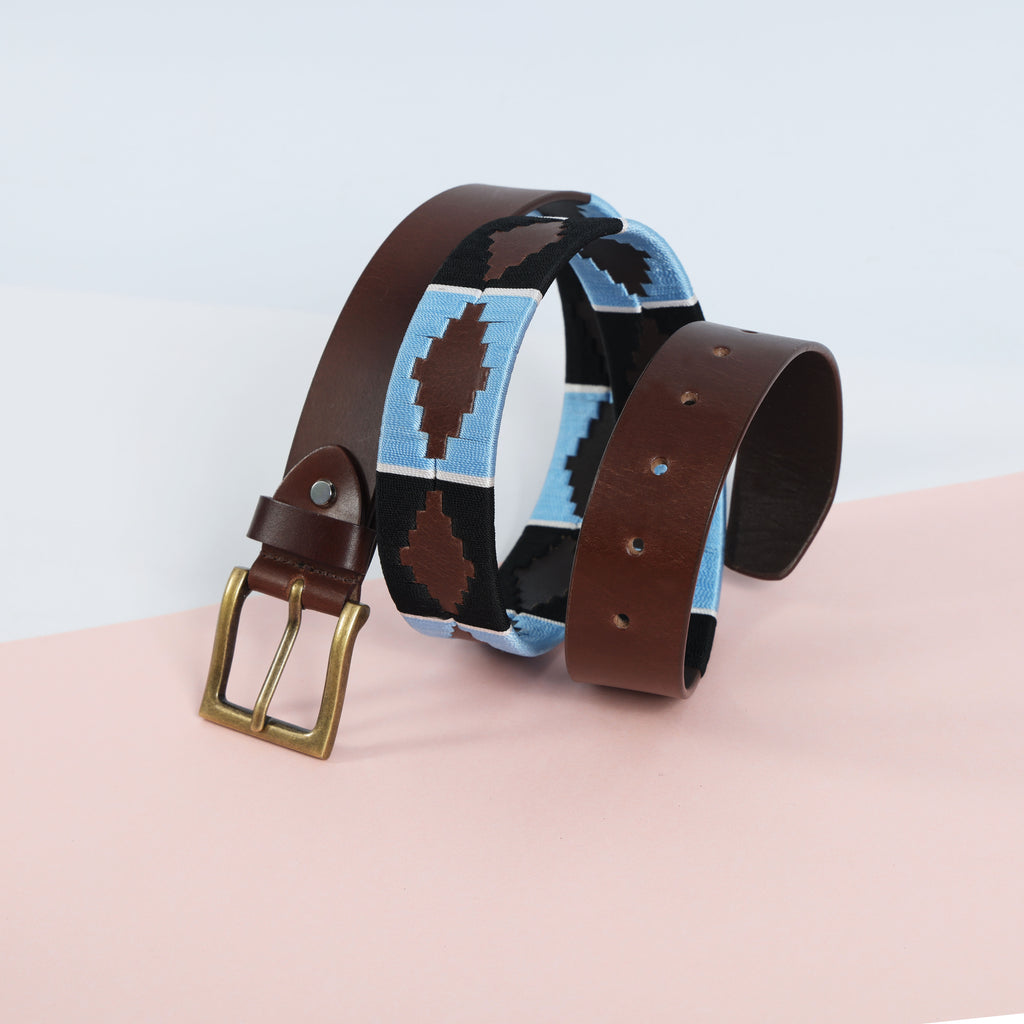 Brown Polo Leather Belt with Blue and Black Stitching & Golden Buckle