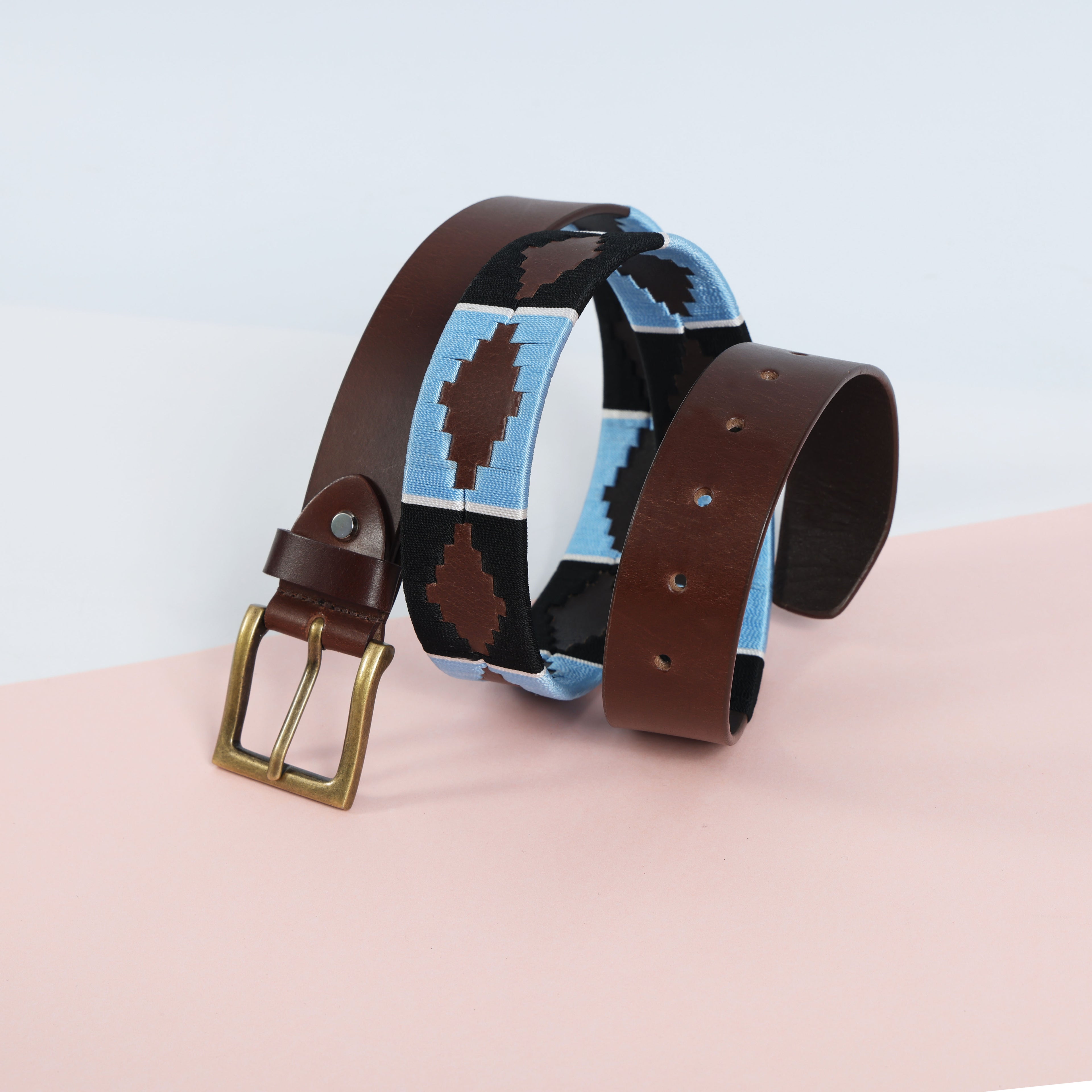Brown Polo Leather Belt with Blue and Black Stitching & Golden Buckle