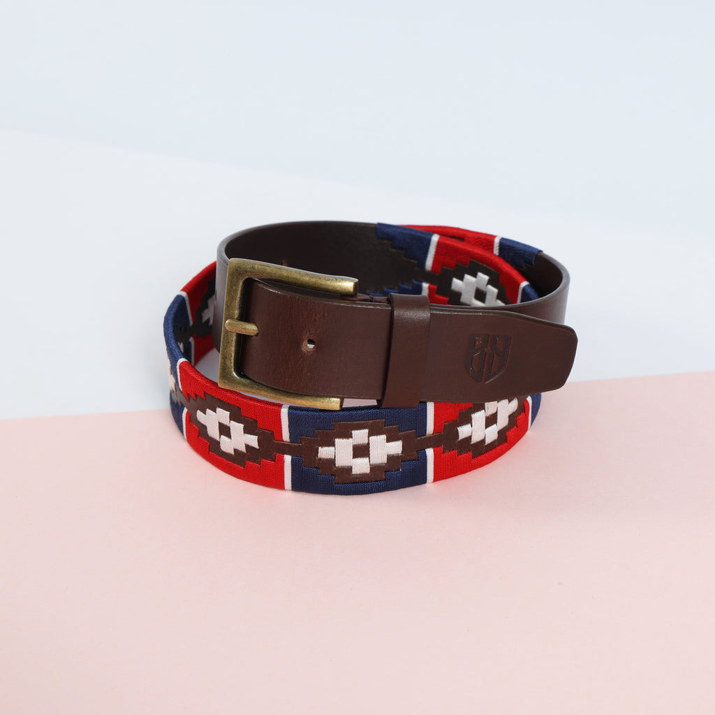 Hand-Embroidered Polo Belt – Premium Full-Grain Leather with Navy, Red, and White embroidered