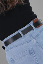 Black Leather Belt for Women with Golden Buckle