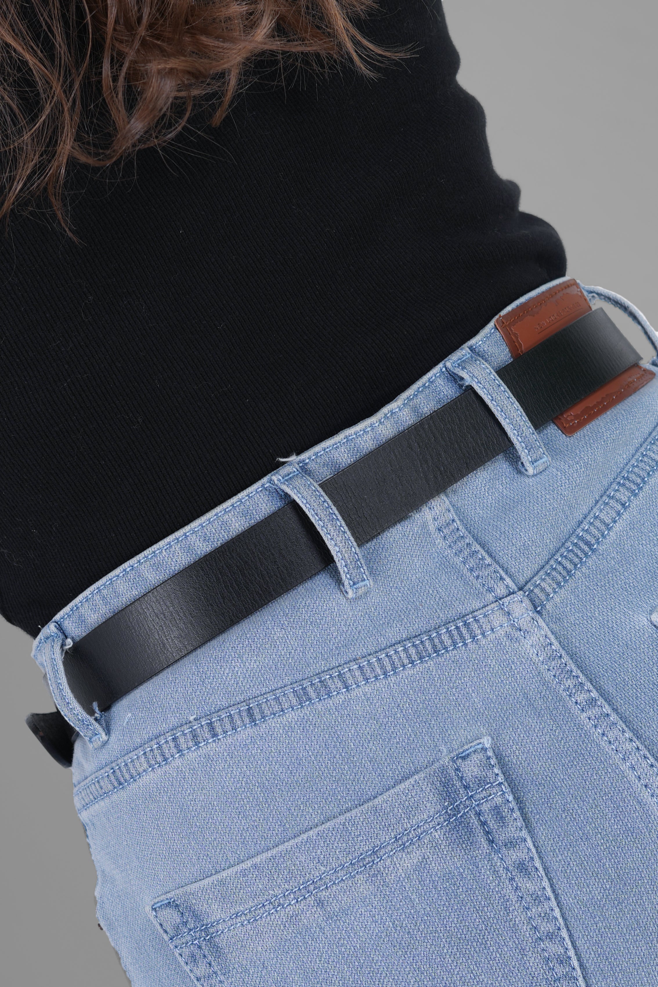 Black Leather Belt for Women with Golden Buckle