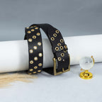 Men’s Black Leather Grommet Belt – Double Row Gold Eyelets with Vintage Brass Buckle