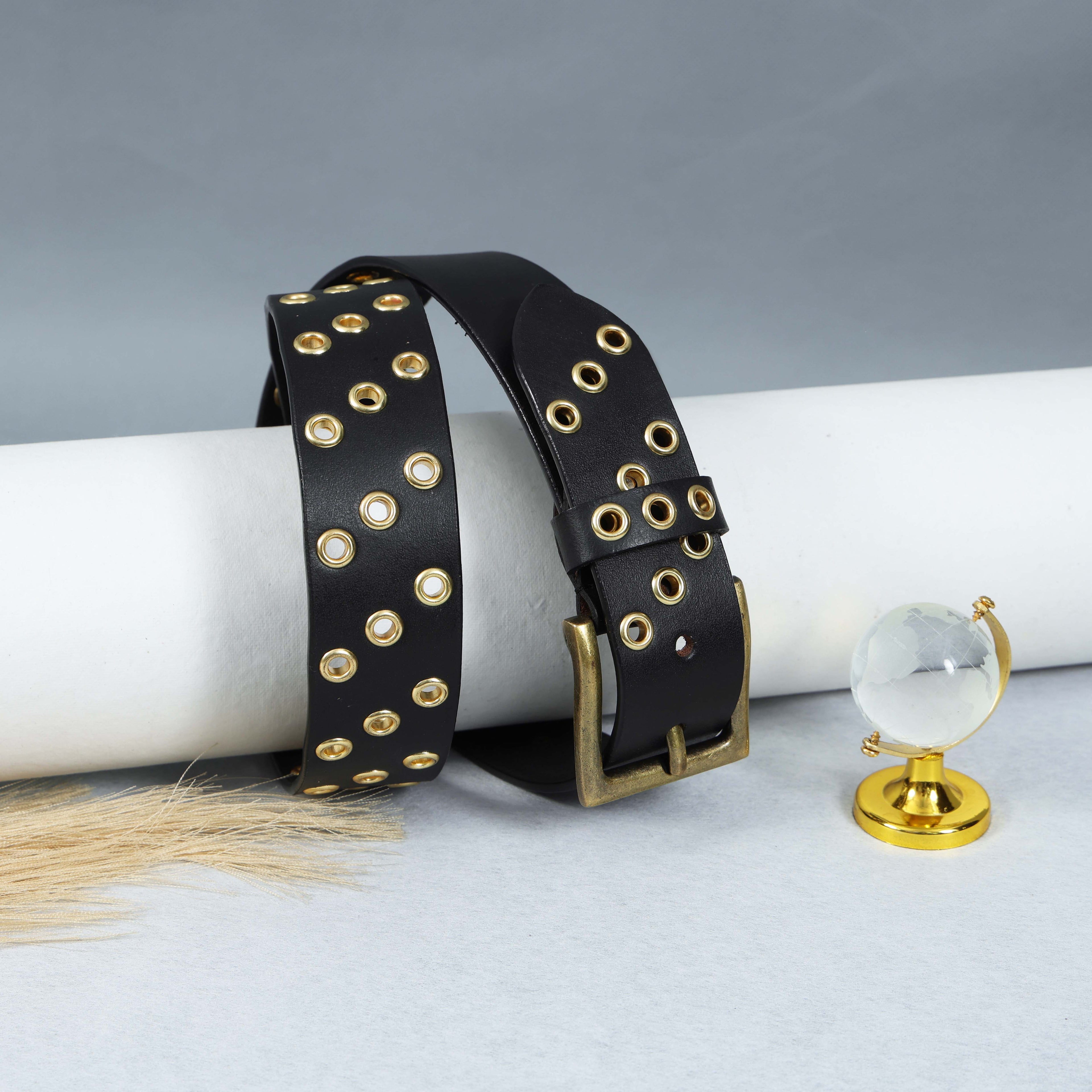 Men’s Black Leather Grommet Belt – Double Row Gold Eyelets with Vintage Brass Buckle