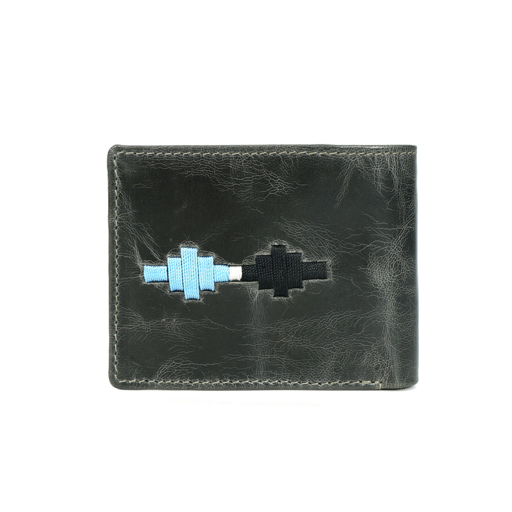 Handcrafted Gaucho Leather Wallet – Dark Olive Bifold with Blue & Black Patagonian Embroidery