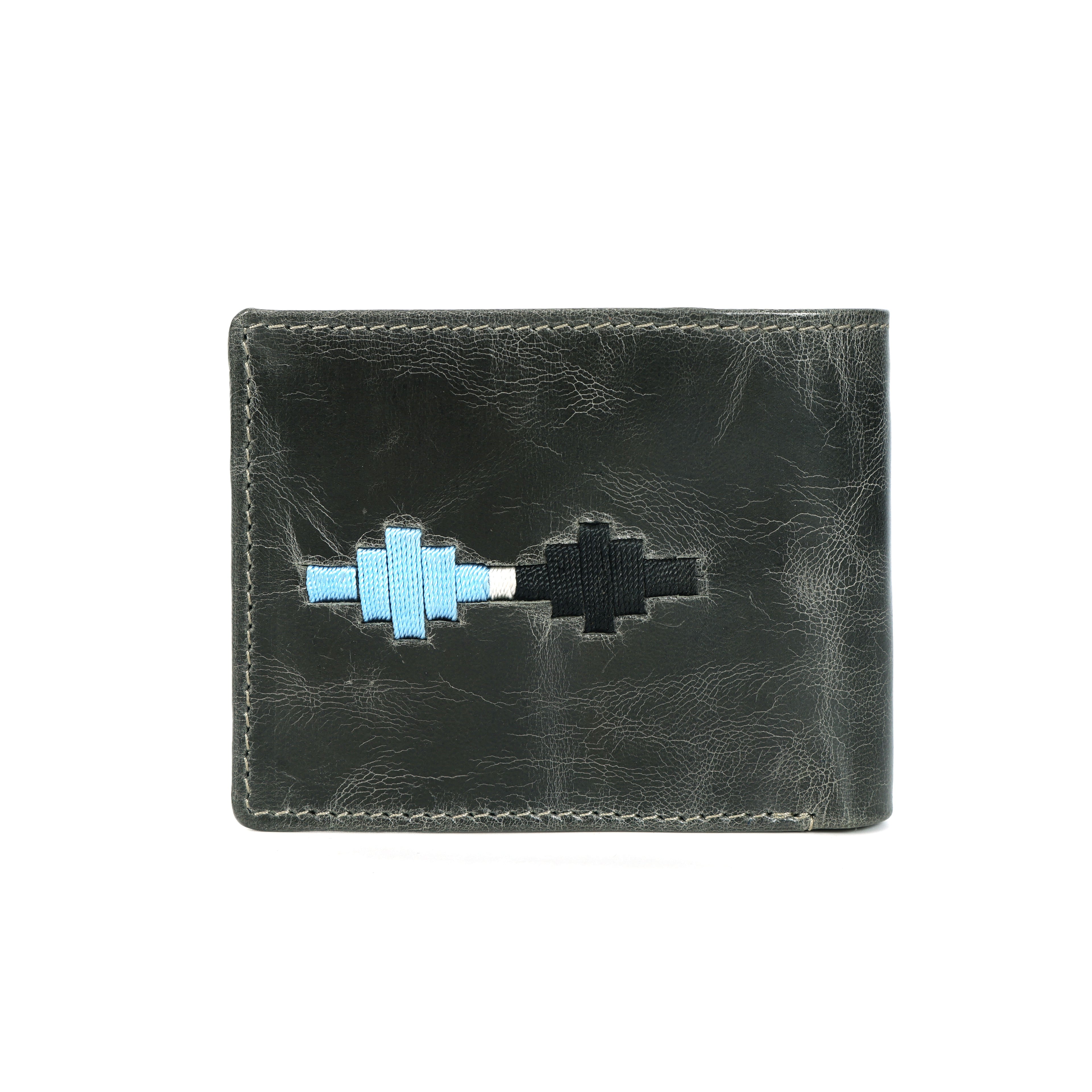 Handcrafted Gaucho Leather Wallet – Dark Olive Bifold with Blue & Black Patagonian Embroidery