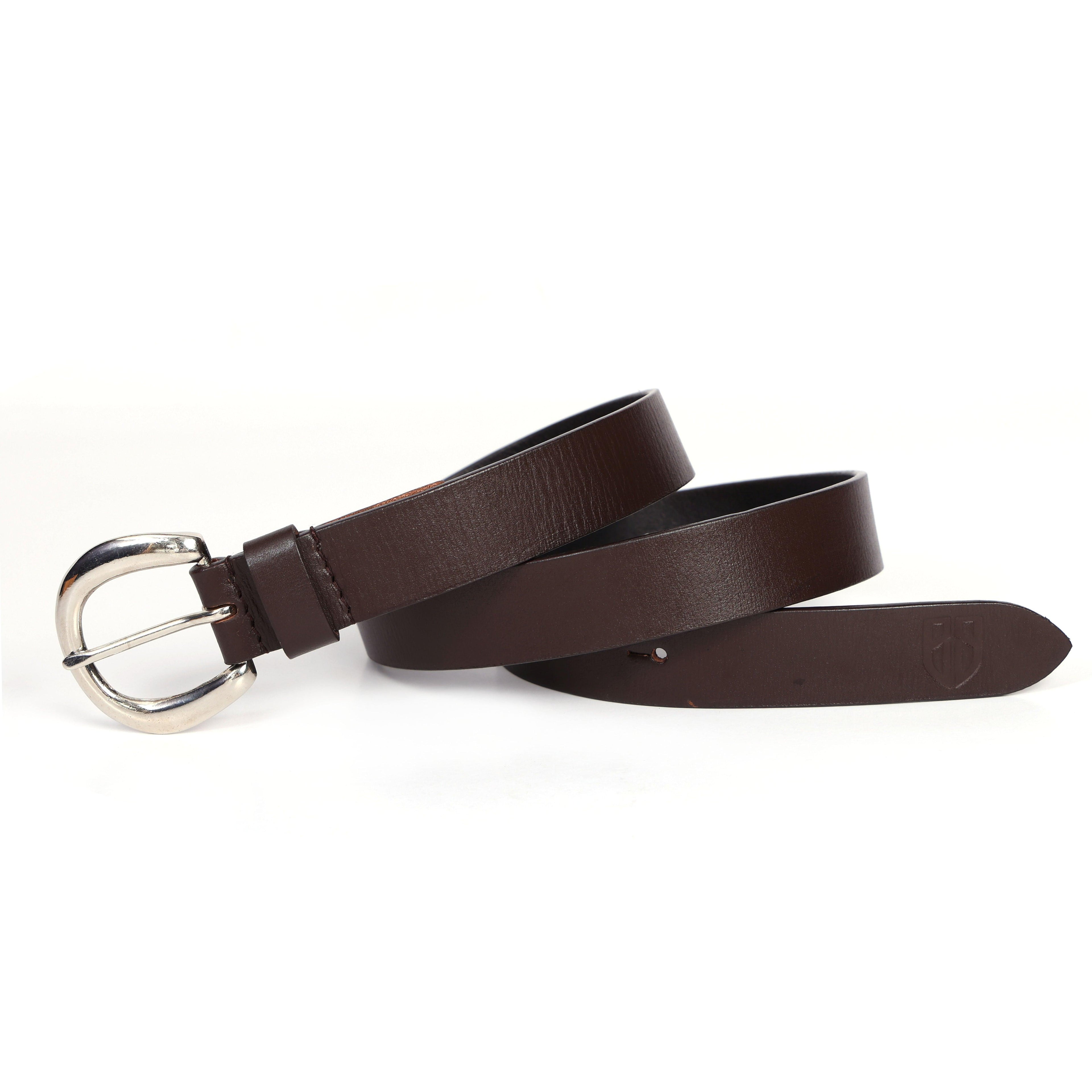 Brown Leather Belt for Women with Silver Round Buckle