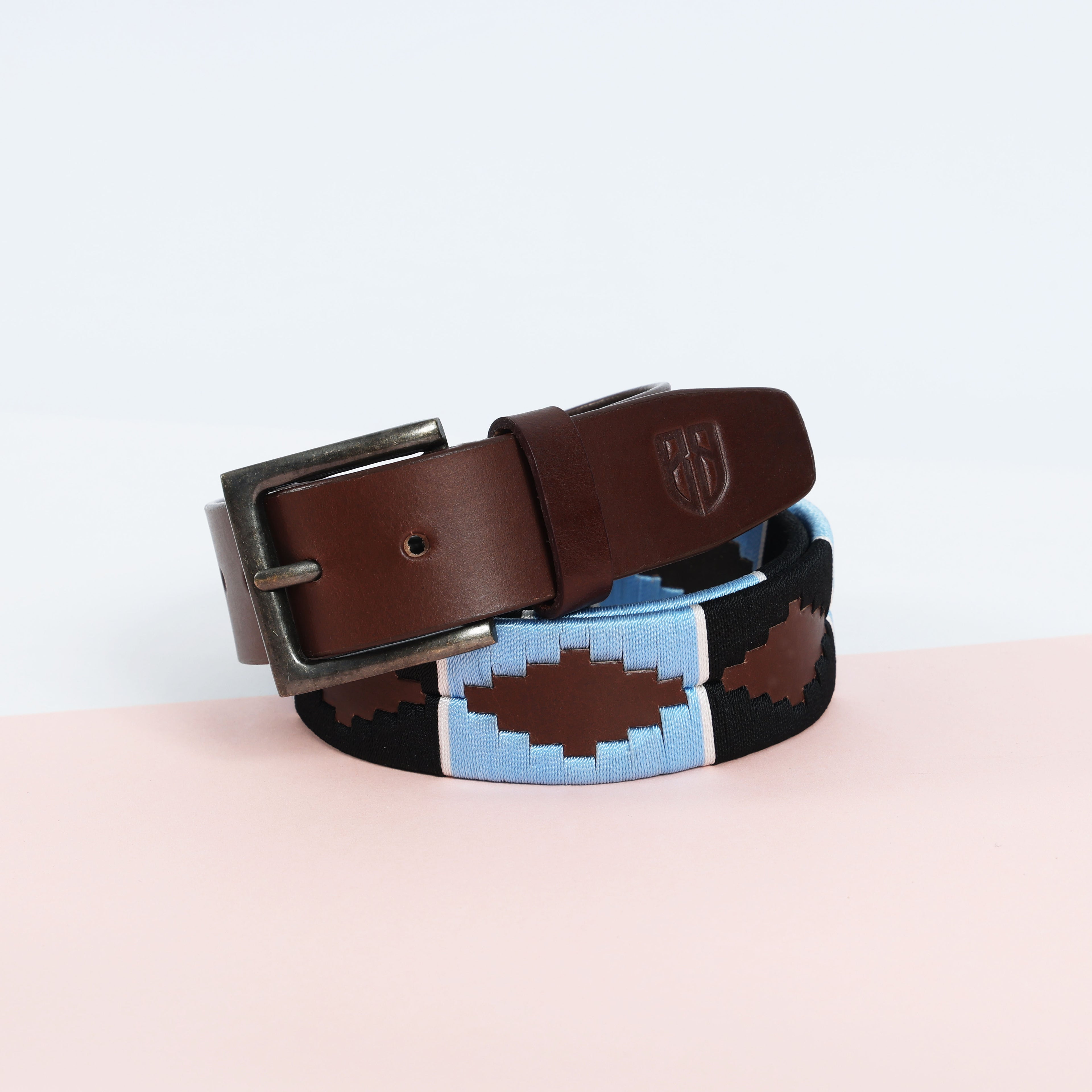 Brown Polo Leather Belt with Blue and Black Stitching & Antique Buckle