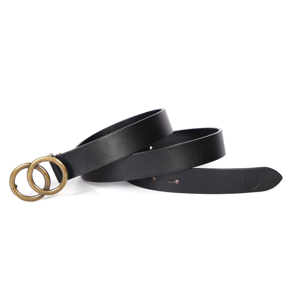 Black Leather Belt for Women with Round Antique Buckle