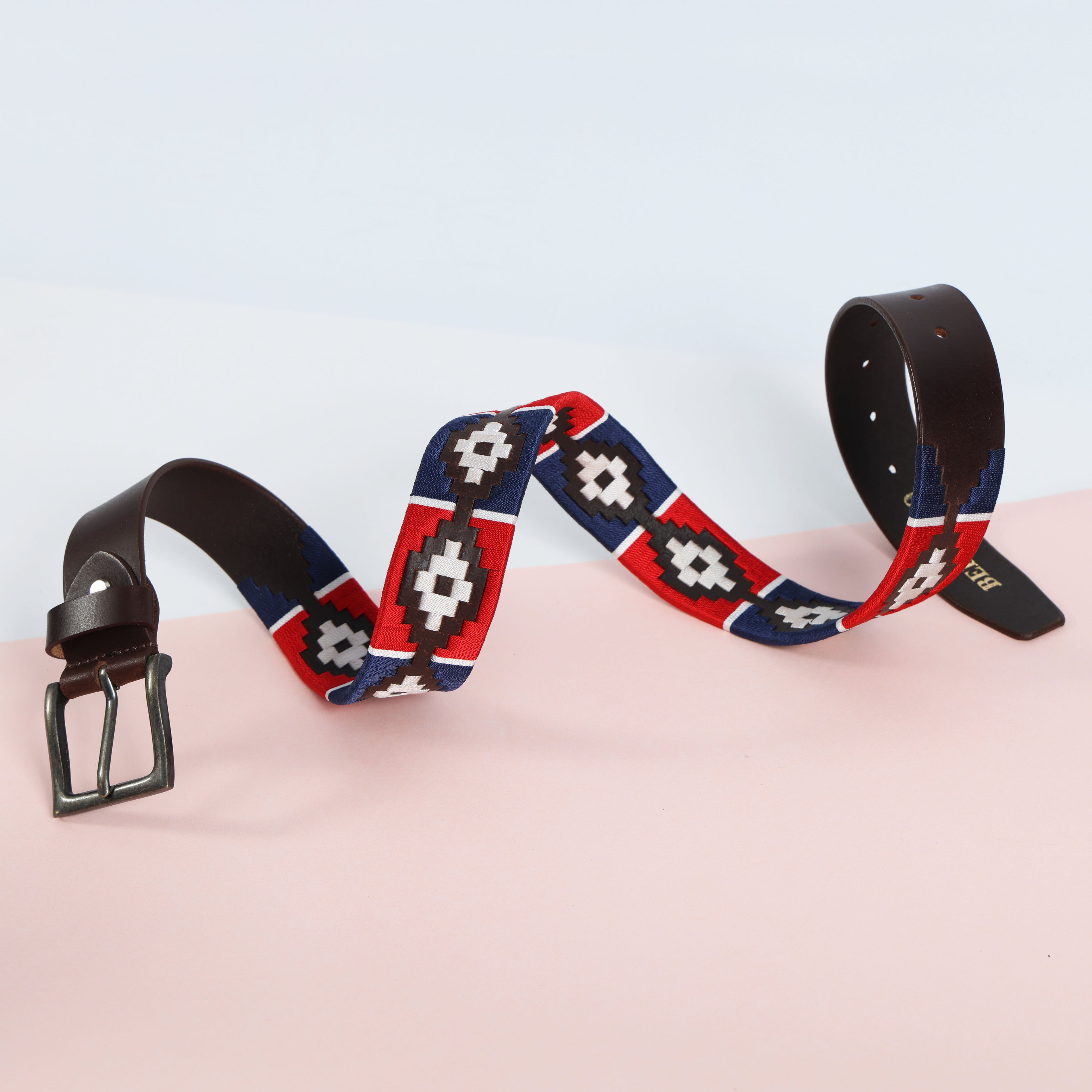 Hand-Embroidered Polo Belt – Premium Full-Grain Leather with Navy, Red, and White embroidered