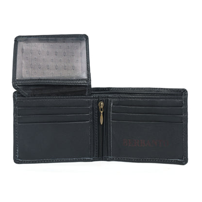 Handcrafted Gaucho Leather Wallet – Matt-Black Bifold with Sky-Blue & Black Patagonian Embroidery