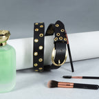 Women’s Black Leather Grommet Belt – Gold Eyelets & Chic Round Golden Buckle