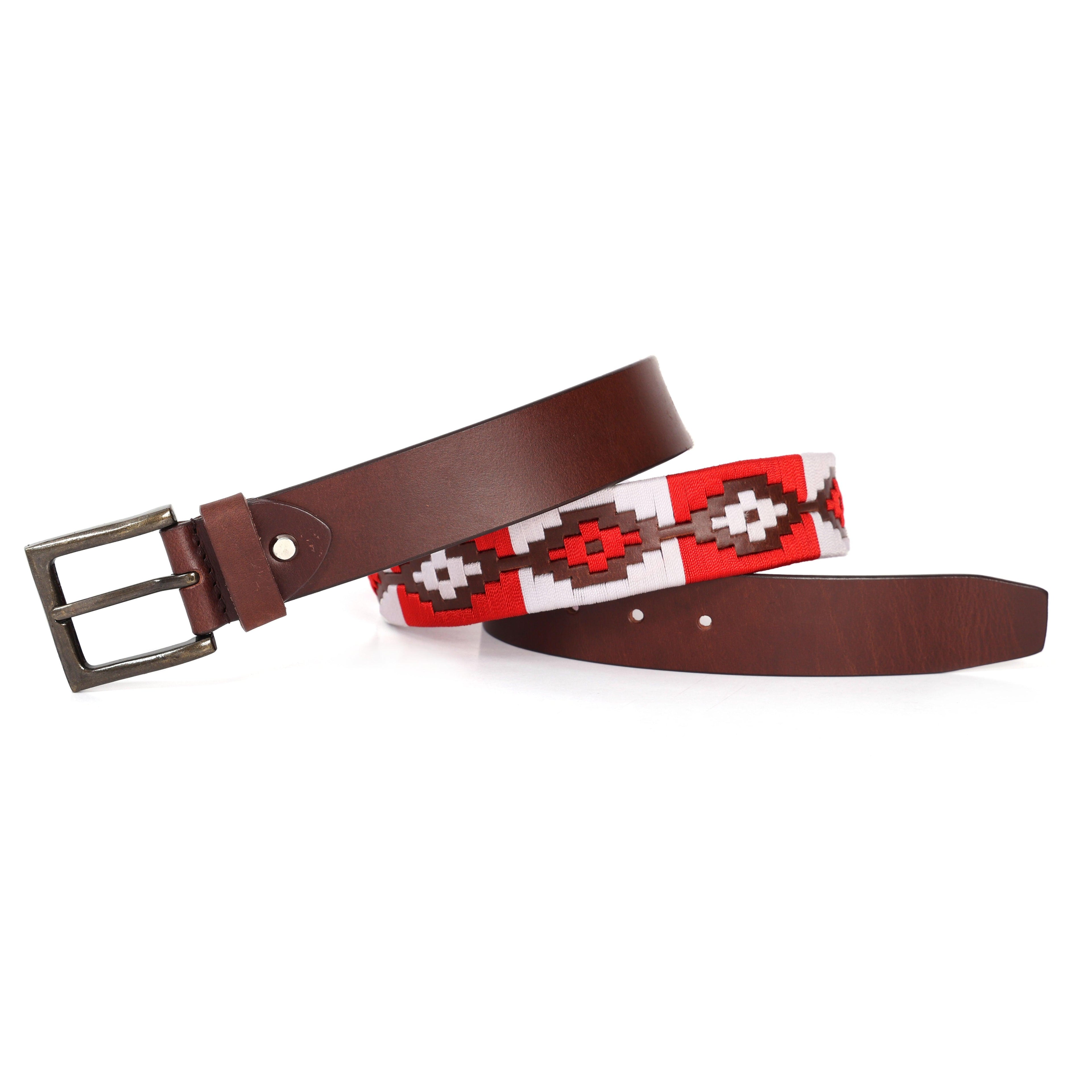Brown Polo Leather Belt with Red and White Stitching & Antique Buckle