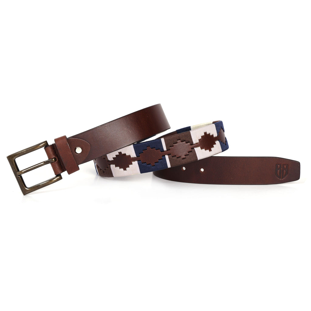 Brown Polo Leather Belt with Blue, Cream, and Brown Stitching & Antique Buckle