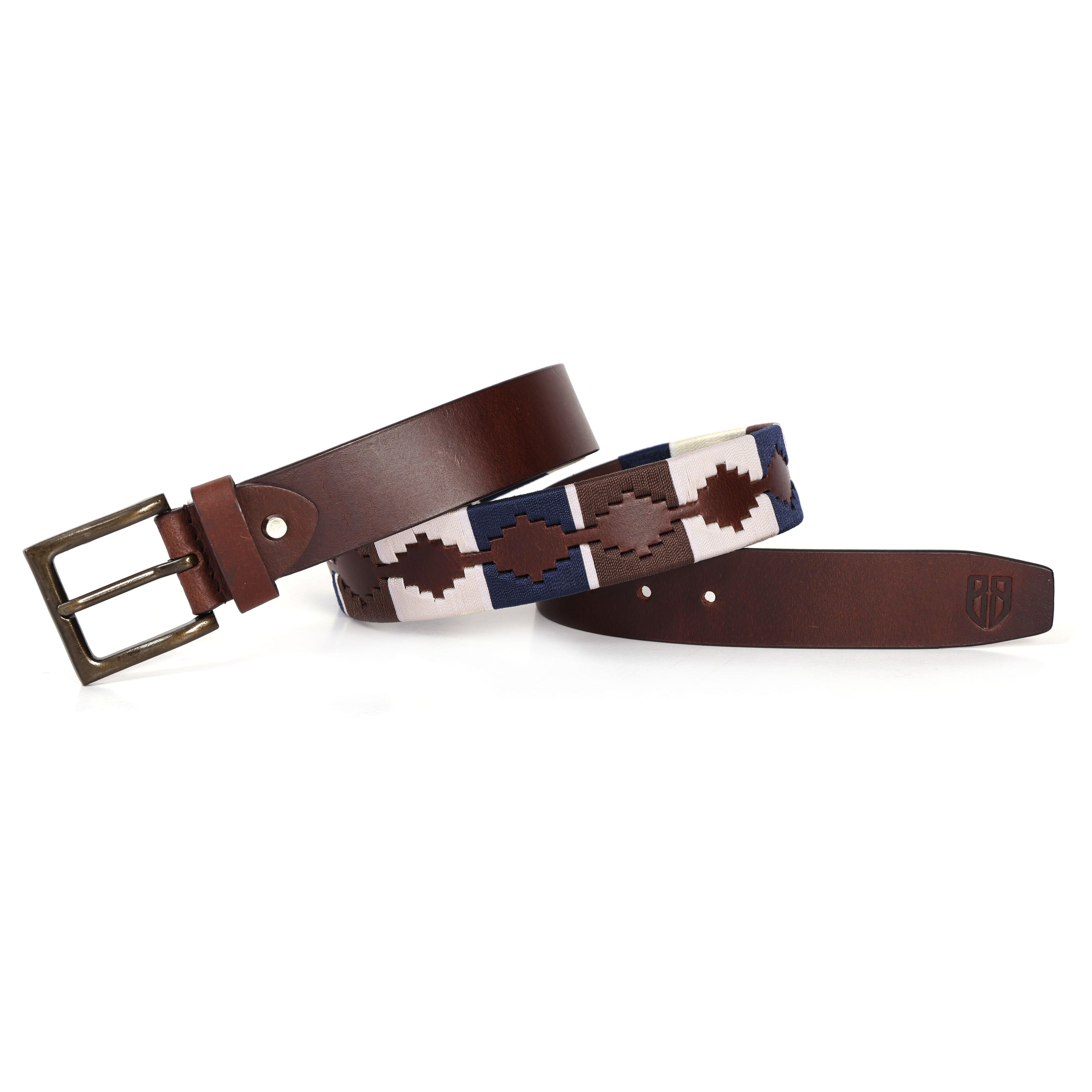 Brown Polo Leather Belt with Blue, Cream, and Brown Stitching & Antique Buckle