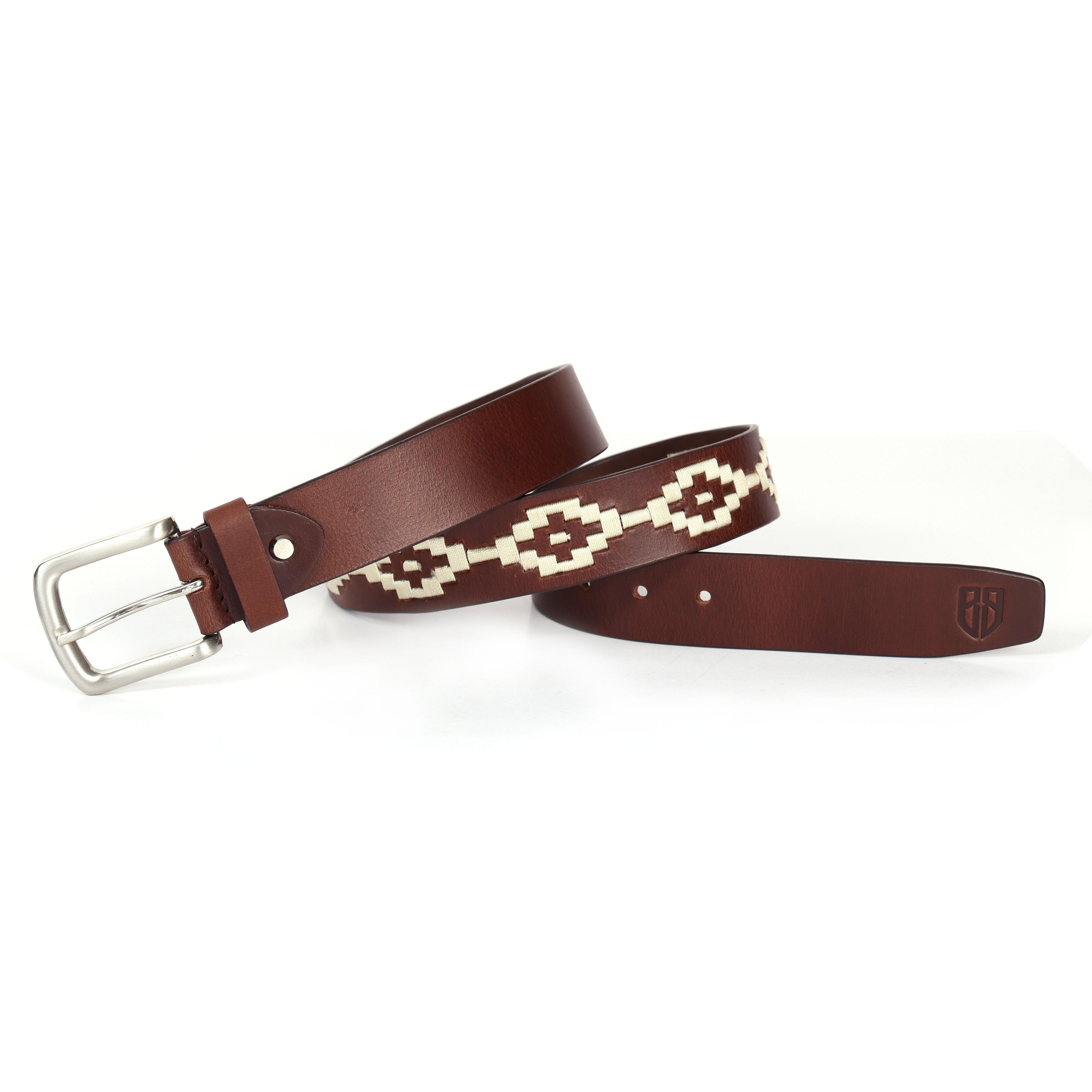 Brown Polo Leather Belt with Cream Stitching & Classic Silver Buckle