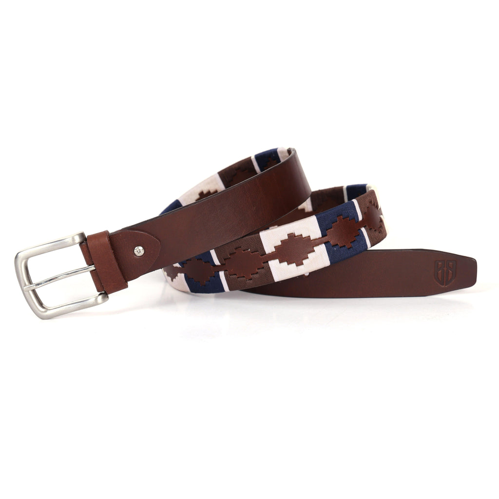 Brown Polo Leather Belt with Blue, Cream, and Brown Stitching & Silver Buckle