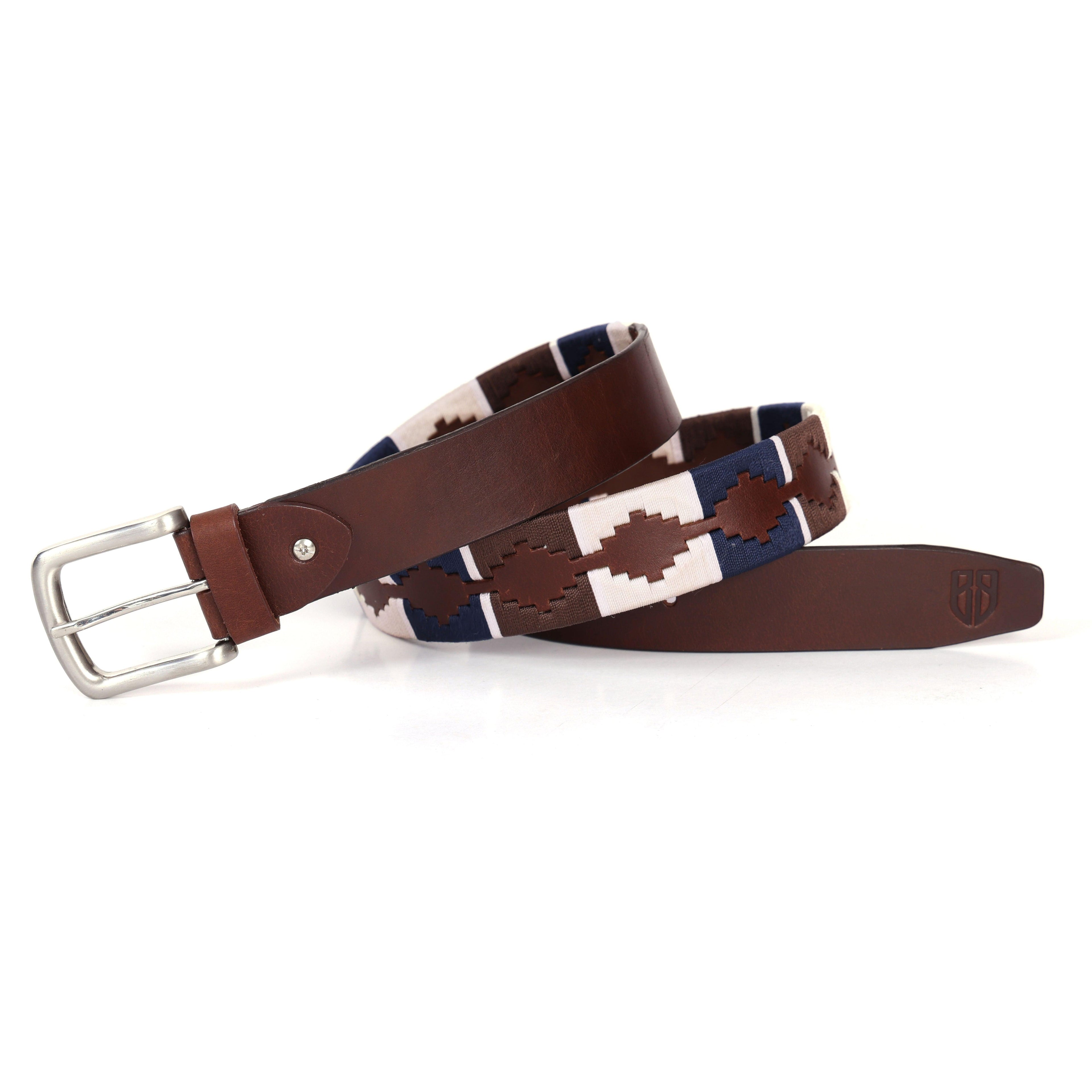 Brown Polo Leather Belt with Blue, Cream, and Brown Stitching & Silver Buckle
