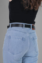 Black Leather Belt for Women with Silver Buckle