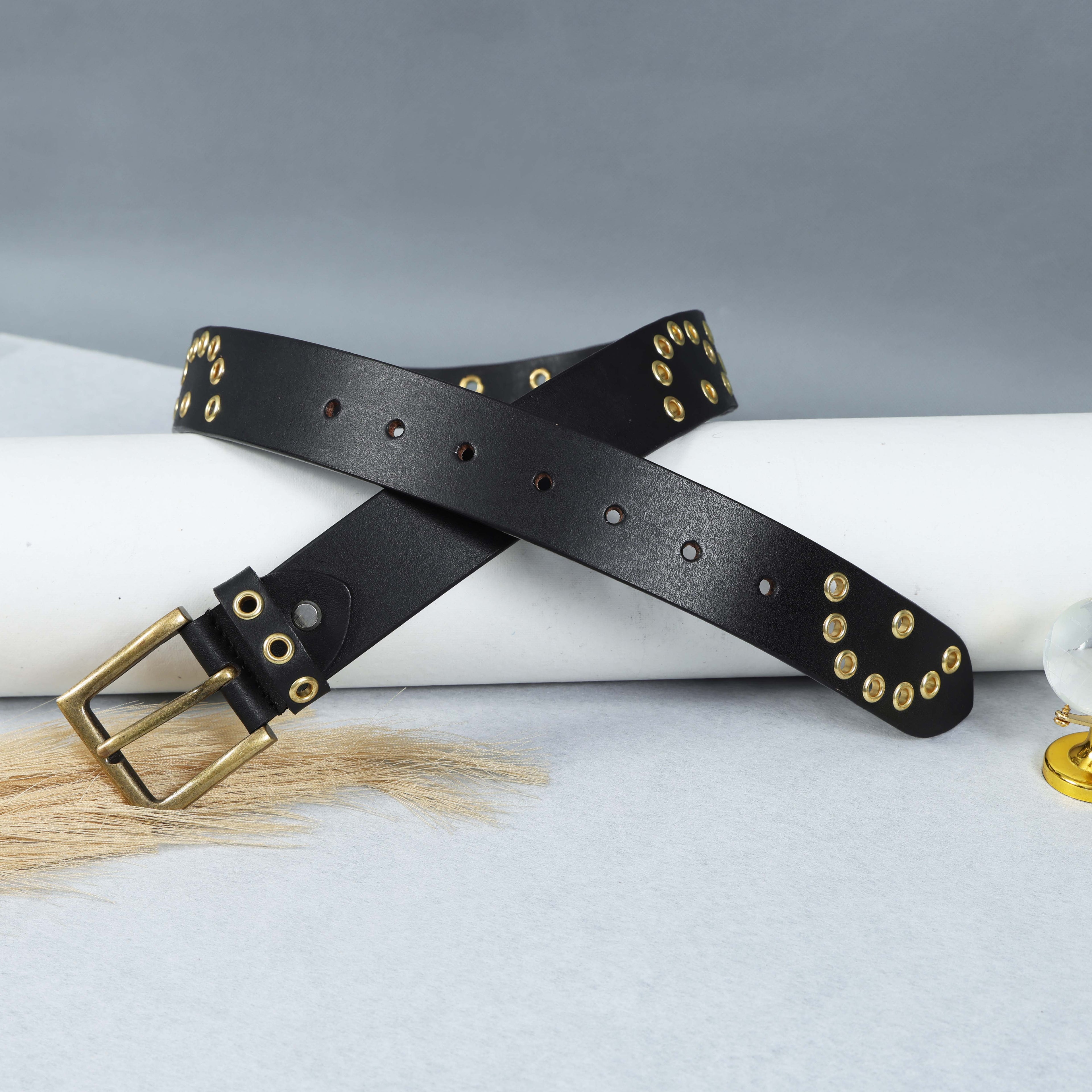 Black Leather Grommet Belt for Men – Double Eyelet Punk Rock Belt with Brass Buckle