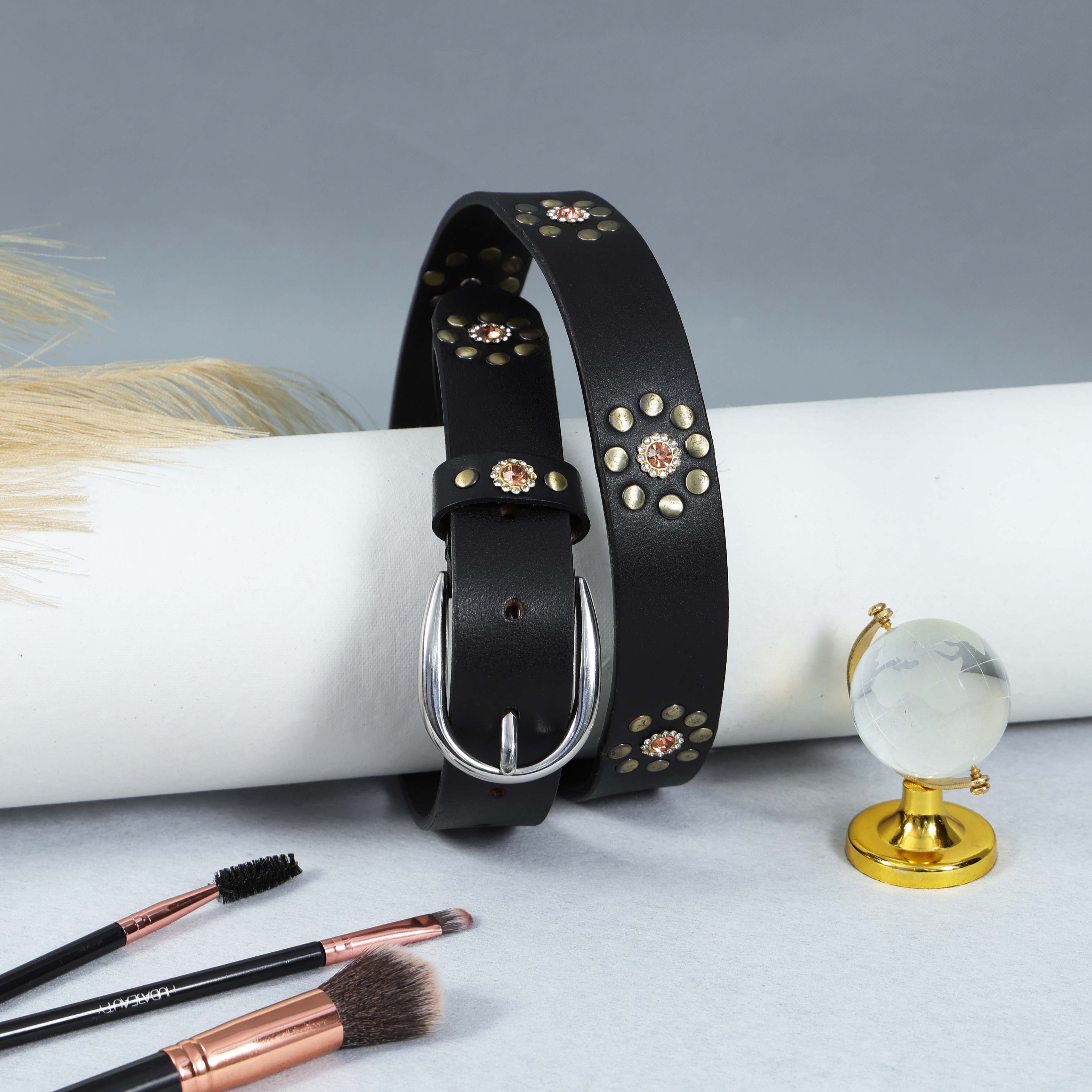 Black Studded Leather Belt for Women – Floral Western-Style Grommet Belt with Silver Buckle