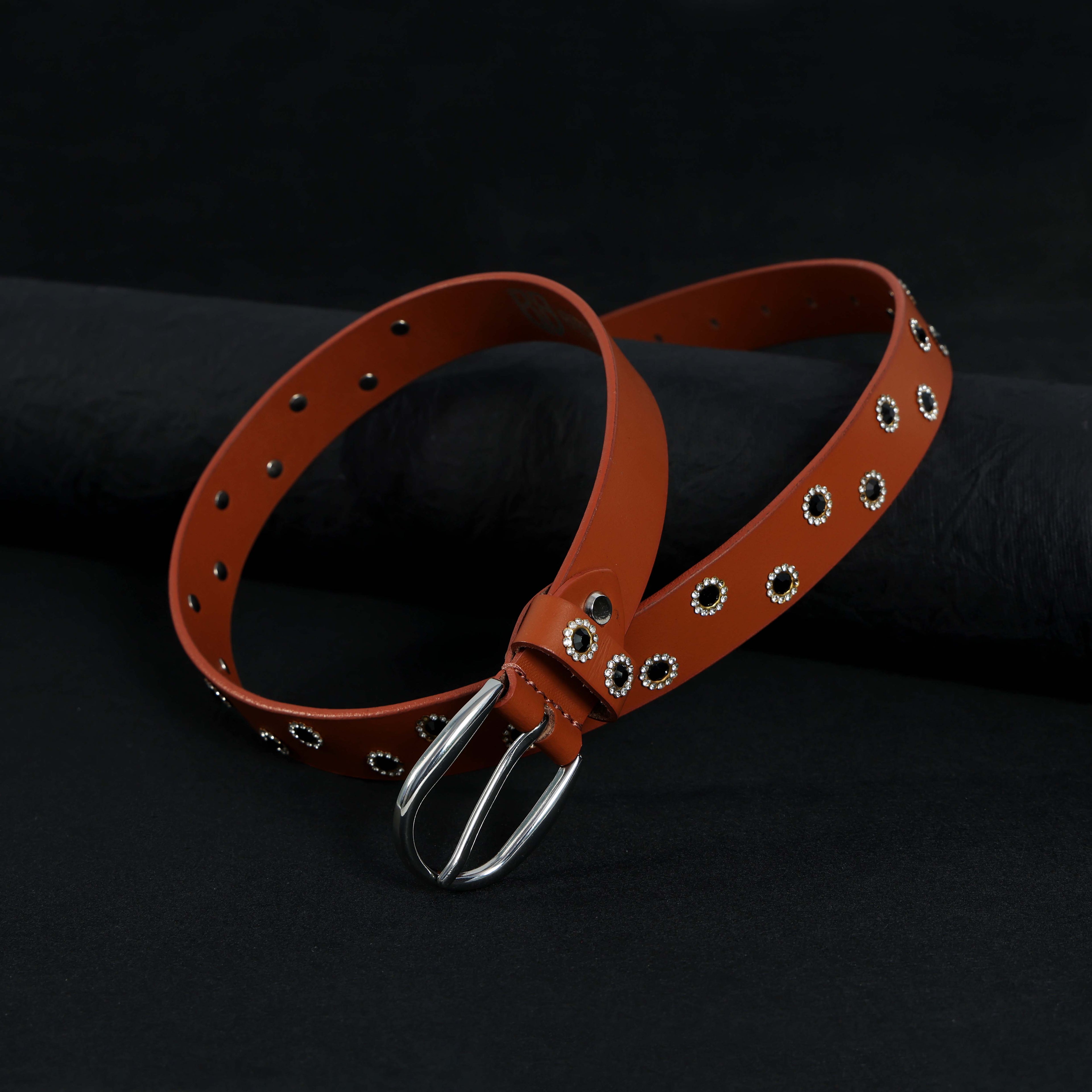 Tan Studded Leather Belt for Women – Vintage Western-Style Grommet Belt with Silver Buckle